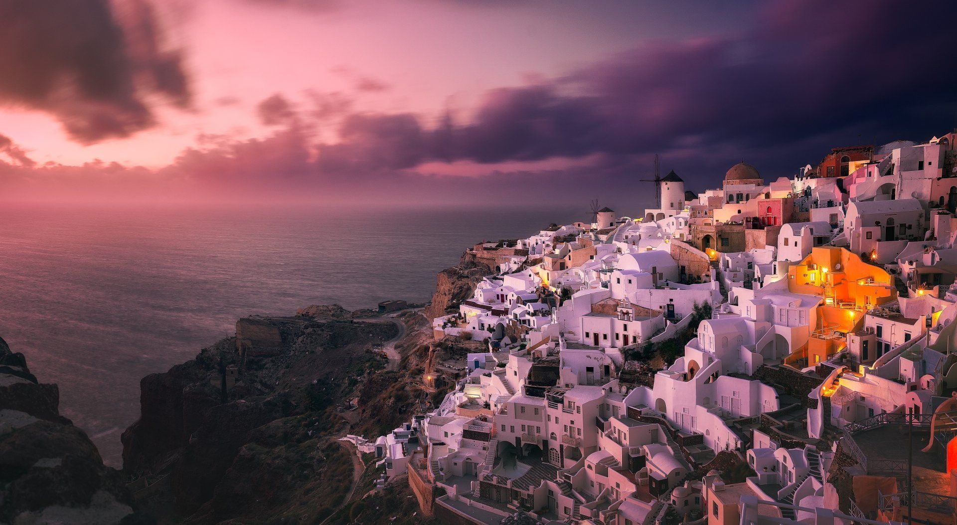 1920x1053 Download Town Greece House Island Sunset Sea Man Made Santorini 4k Ultra HD Wallpaper