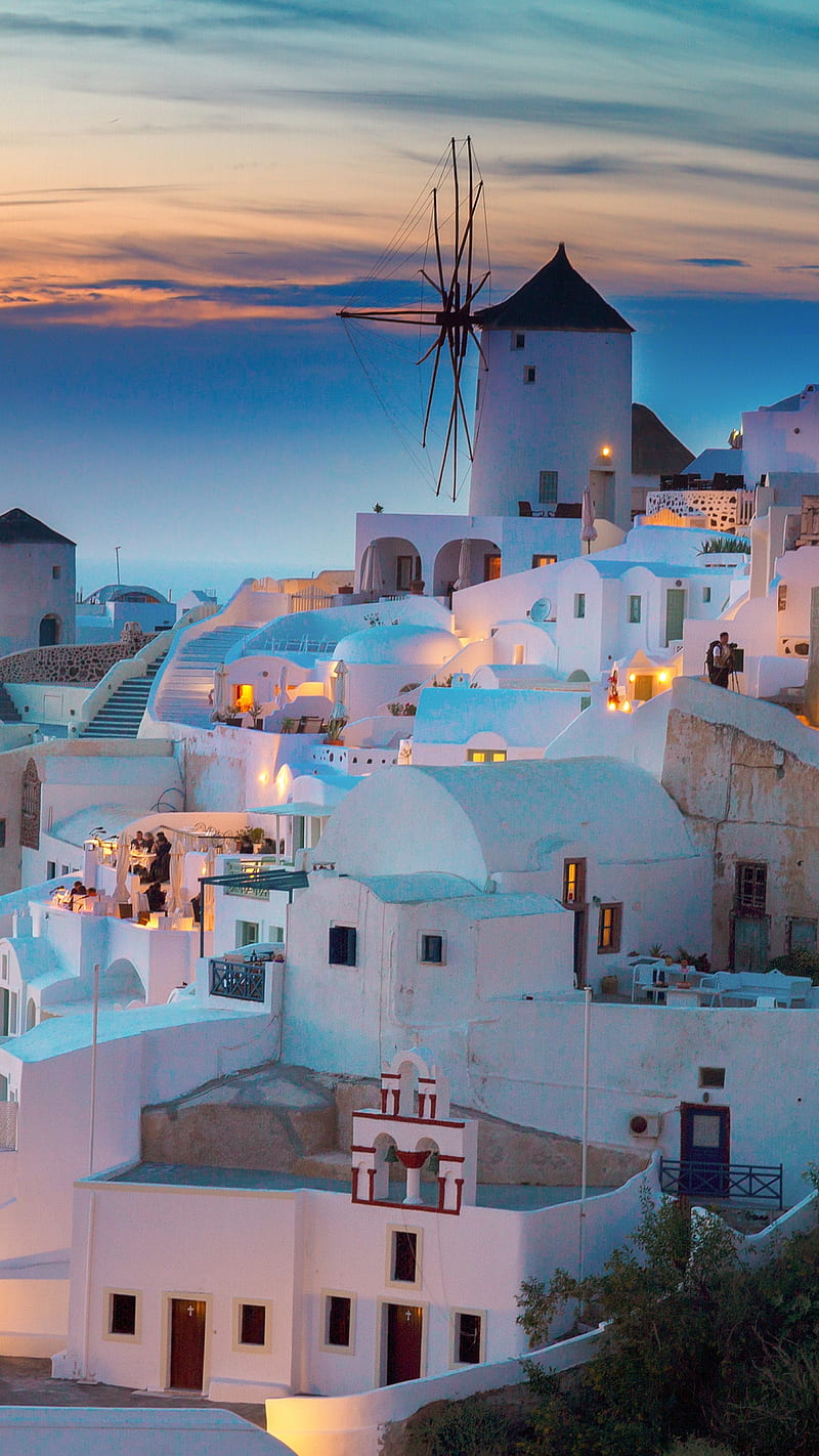 800x1422 Greek Islands, dusk, sunset, twilight, windmill, HD phone wallpaper