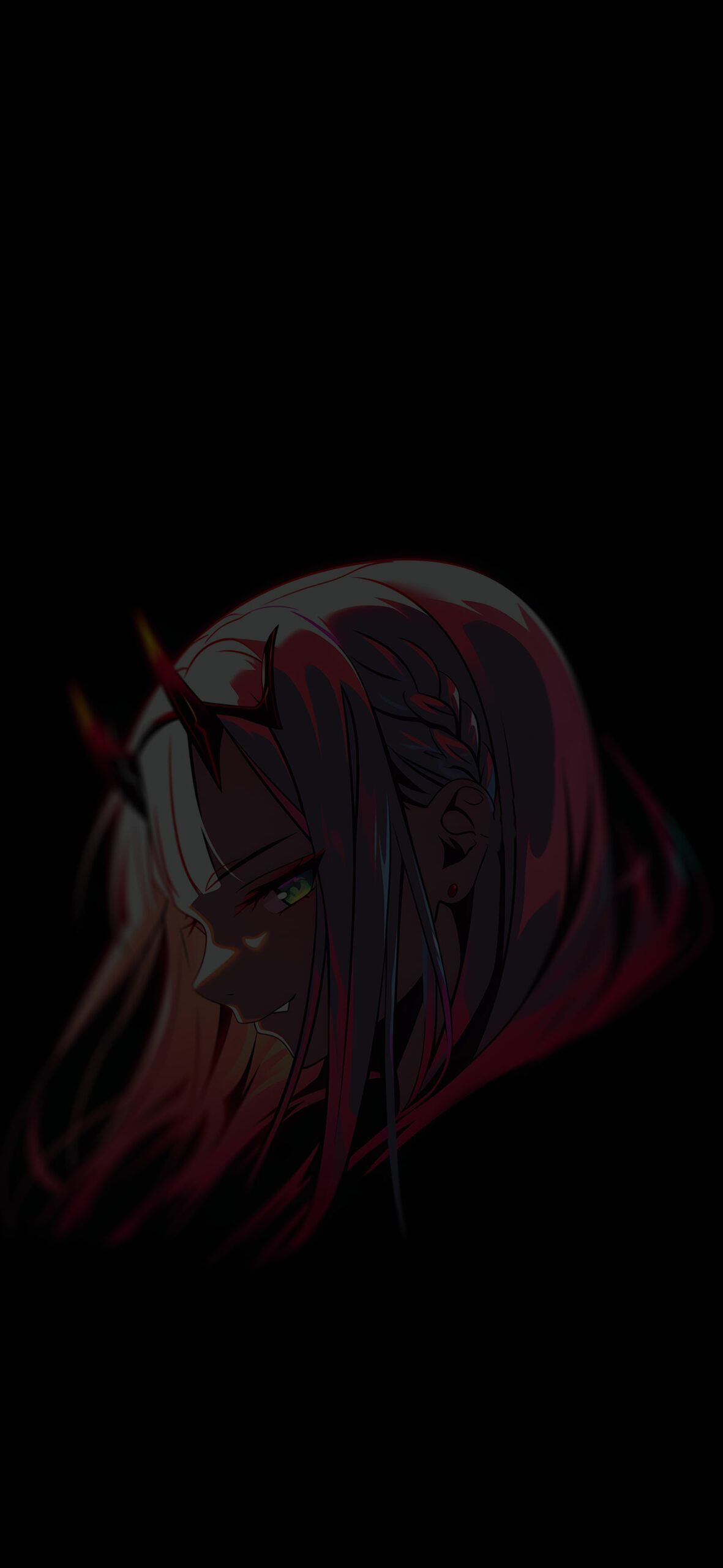 1181x2560 Darling in the Franxx Zero Two Mischievously Smiles Wallpaper