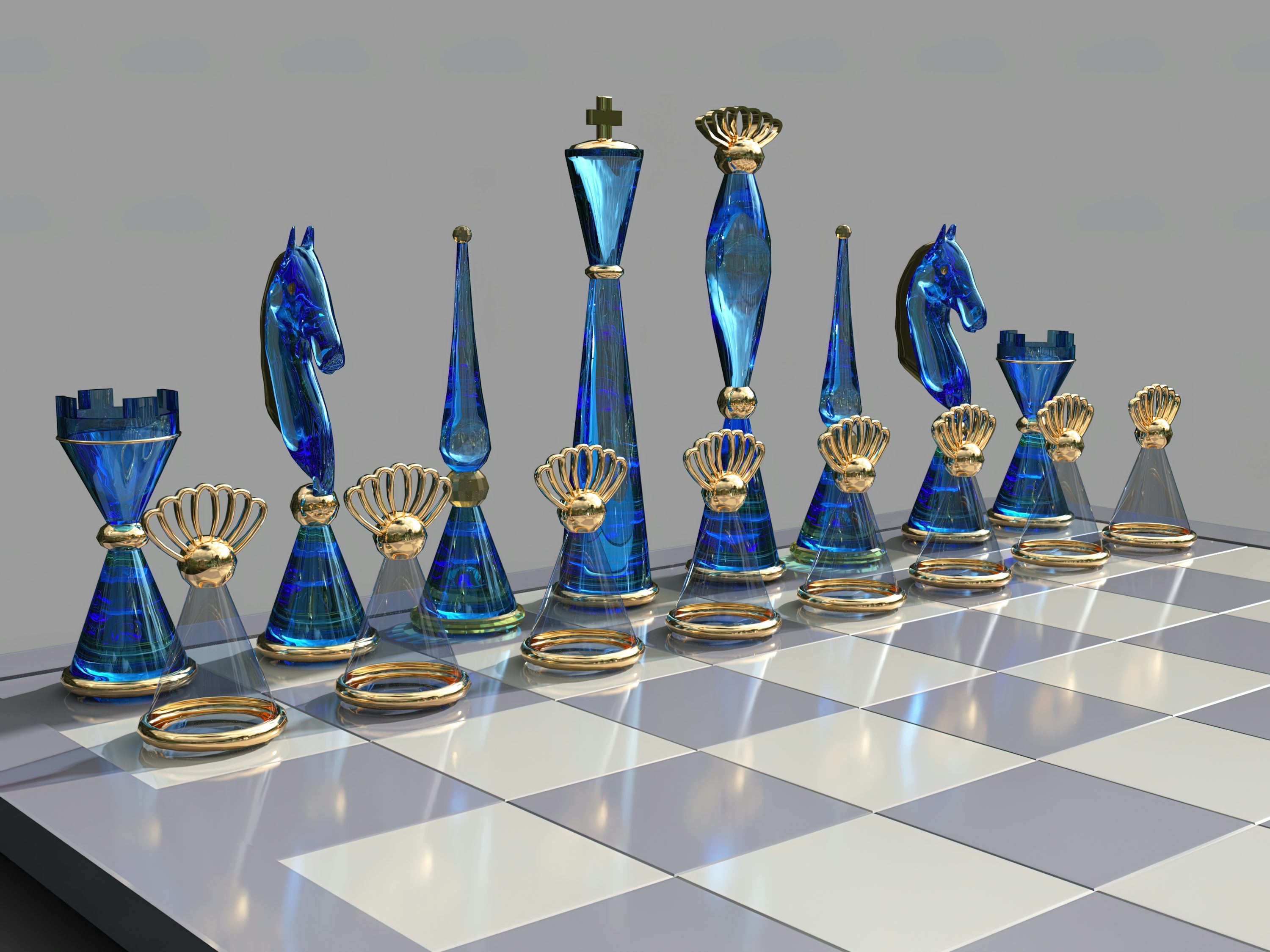 3000x2250 A chess board with blue glass pieces on it photo