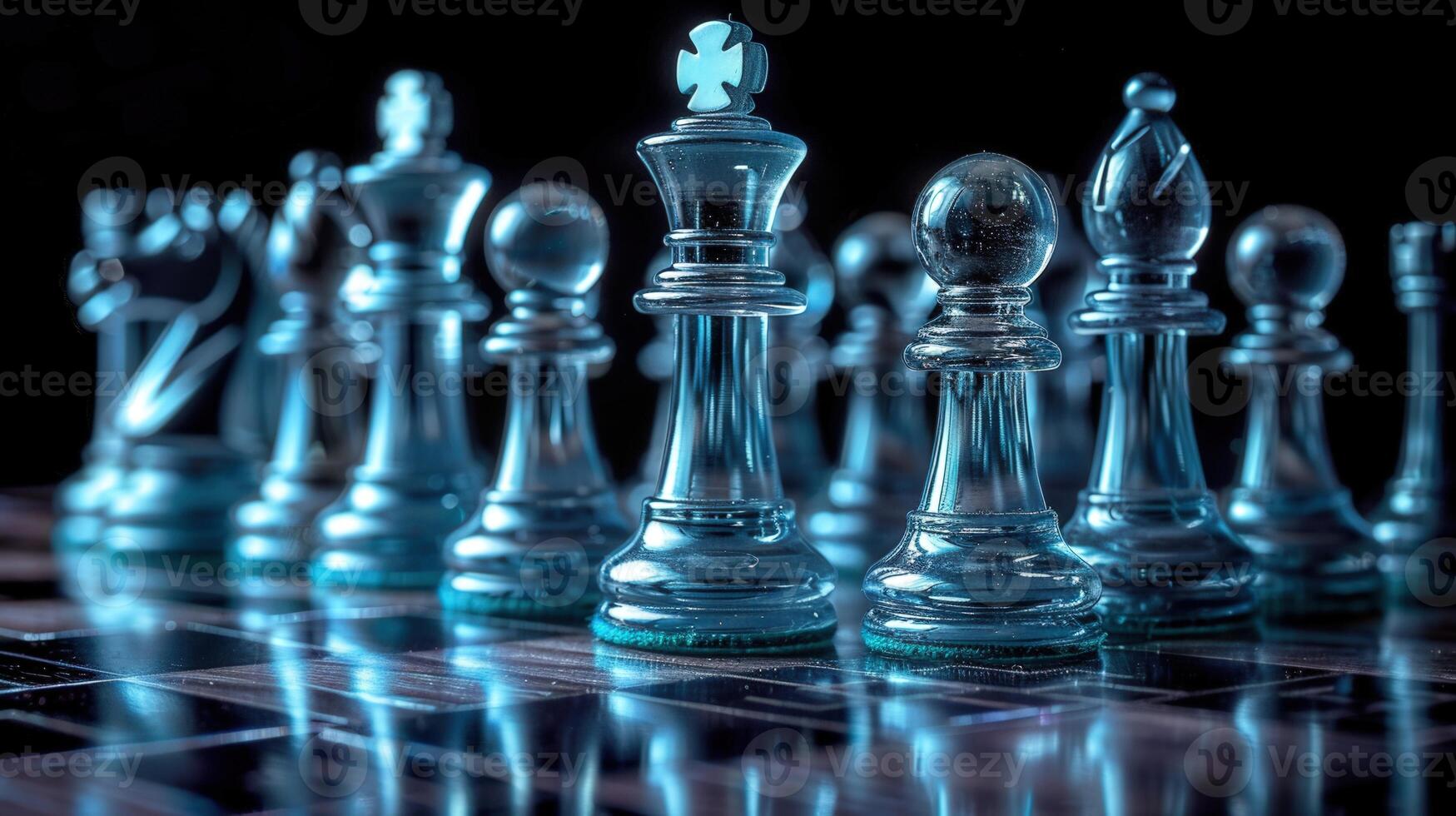 1749x980 Chess pieces made of glass are beautifully arranged on a board, ready for the next move