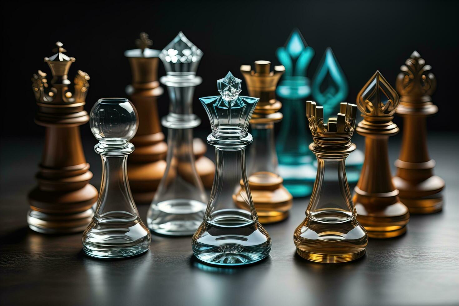 1470x980 glass chess pieces on a dark background, the concept of business strategy. ai generative