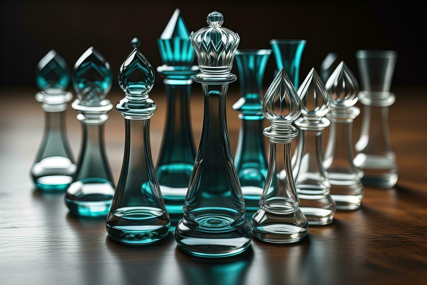 1470x980 glass chess pieces on a dark background, the concept of business strategy. ai generative
