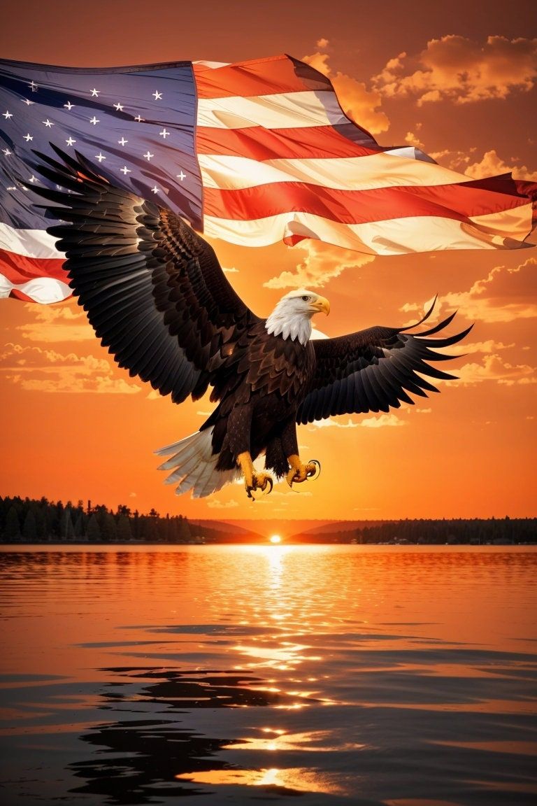 768x1152 Bald Eagle at Sunset with the American flag in the background
