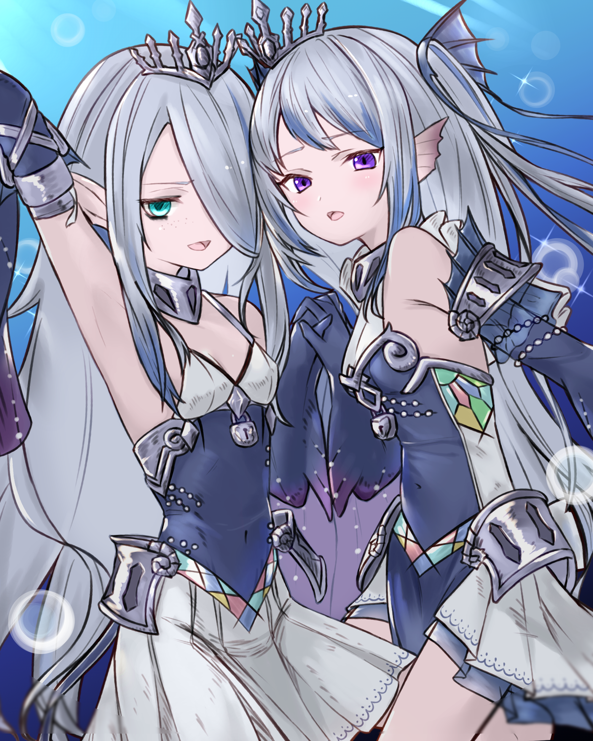 2000x2500 Long Hair, Two Women, Looking At Viewer, Holding Hands, Hair Over One Eye, Anime, Anime Girls, Yu Gi Oh!, Tearlaments Havnis, Tearlaments Scheiren, Gray Hair, Pointy Ears, Artwork, Digital Art, Fan Art, Portrait Display