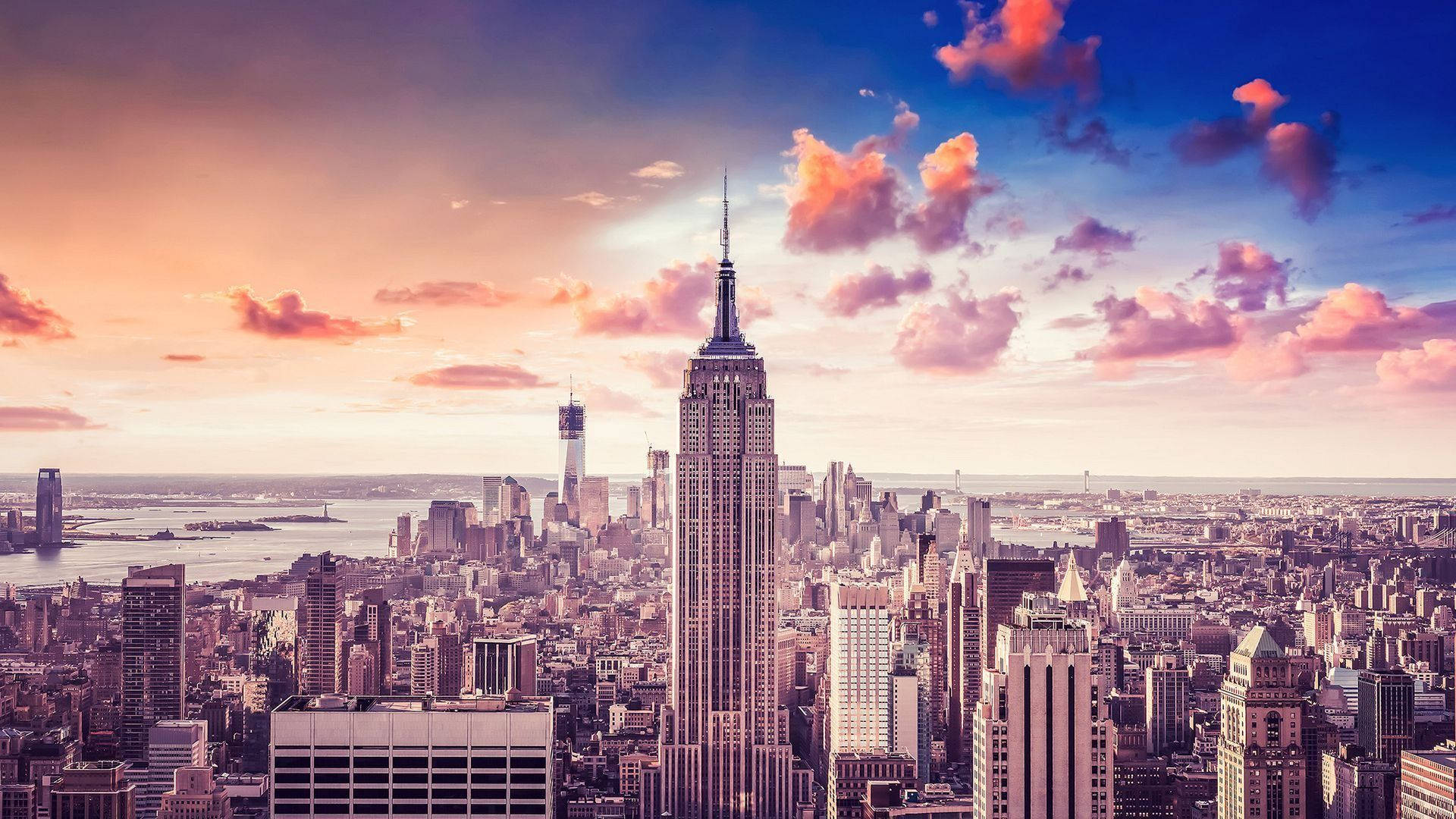 1920x1080 Download New York HD Empire Building Pink Clouds Wallpaper