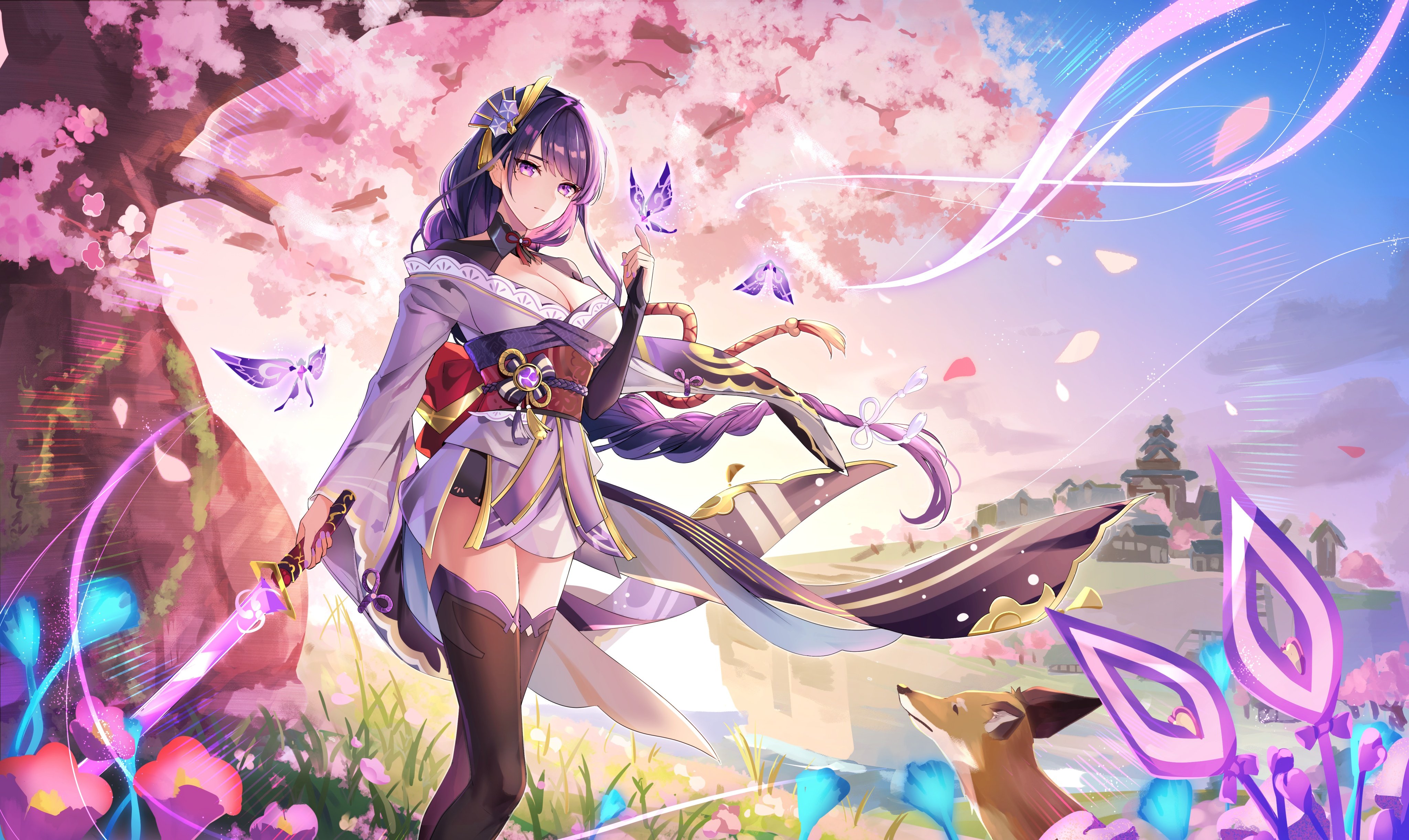 4096x2443 Wallpaper the city, butterfly, sword, Sakura, Fox, Genshin Impact, Raiden Shogun for mobile and desktop, section игры, resolution 4096x2443