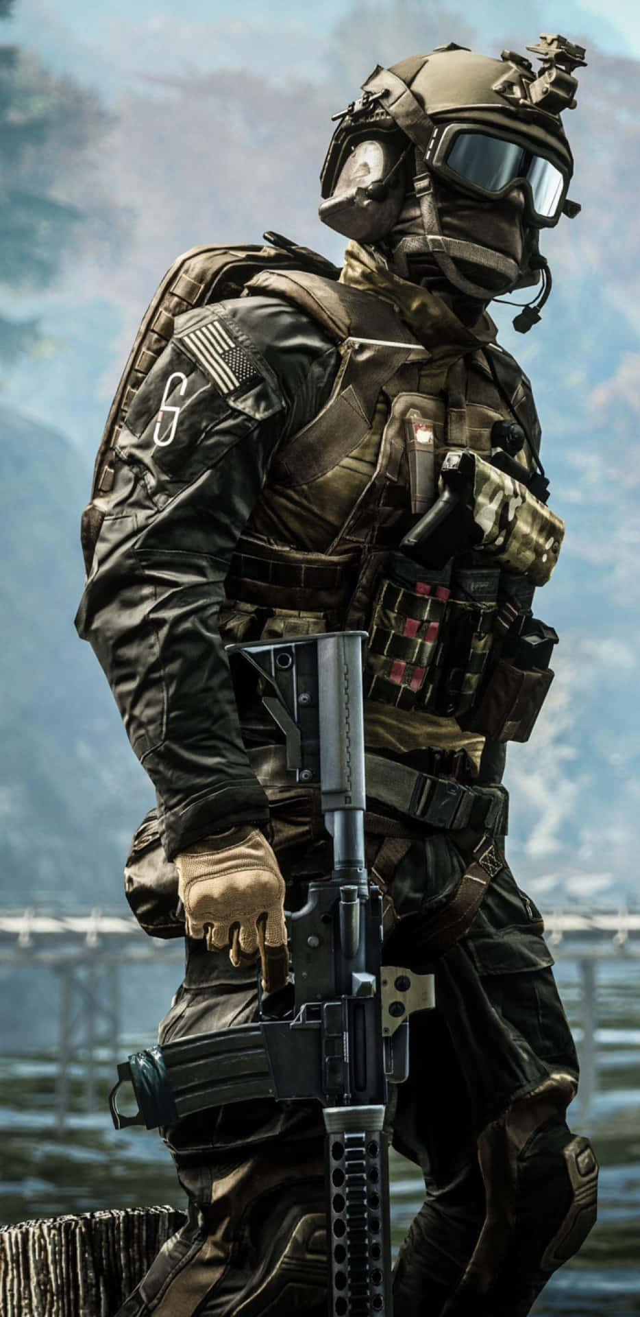 934x1920 Download A Soldier With A Gun Standing On A Wooden Platform