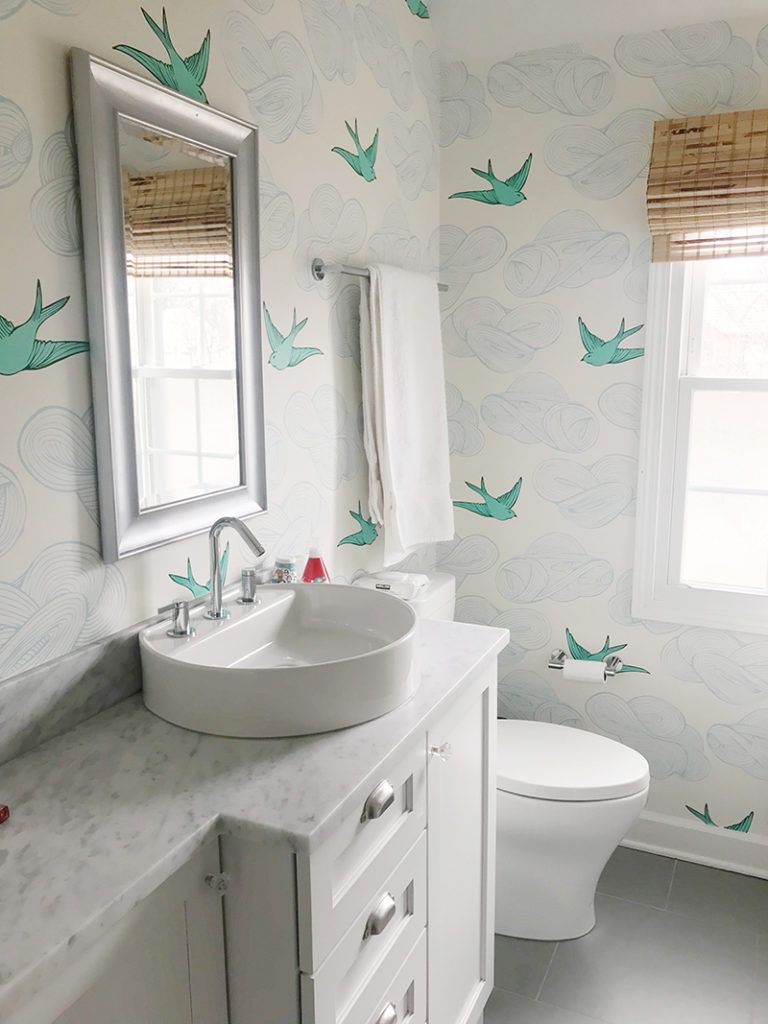 768x1024 Black and White Bathroom Design with Floral Wallpaper