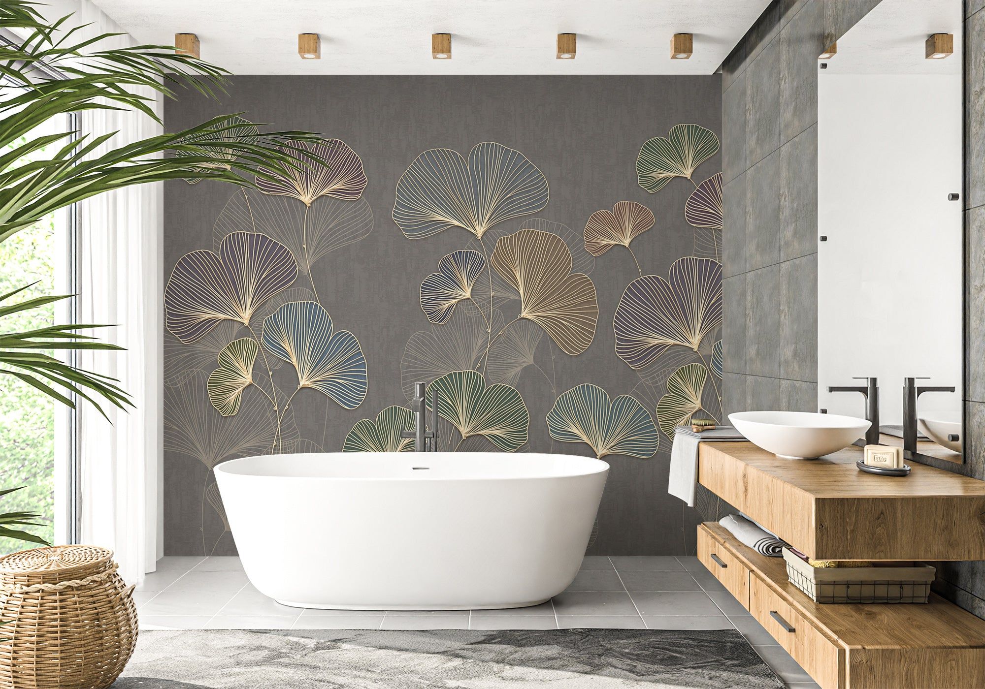 2000x1400 Trendy ginkgo asia bathroom wallpaper