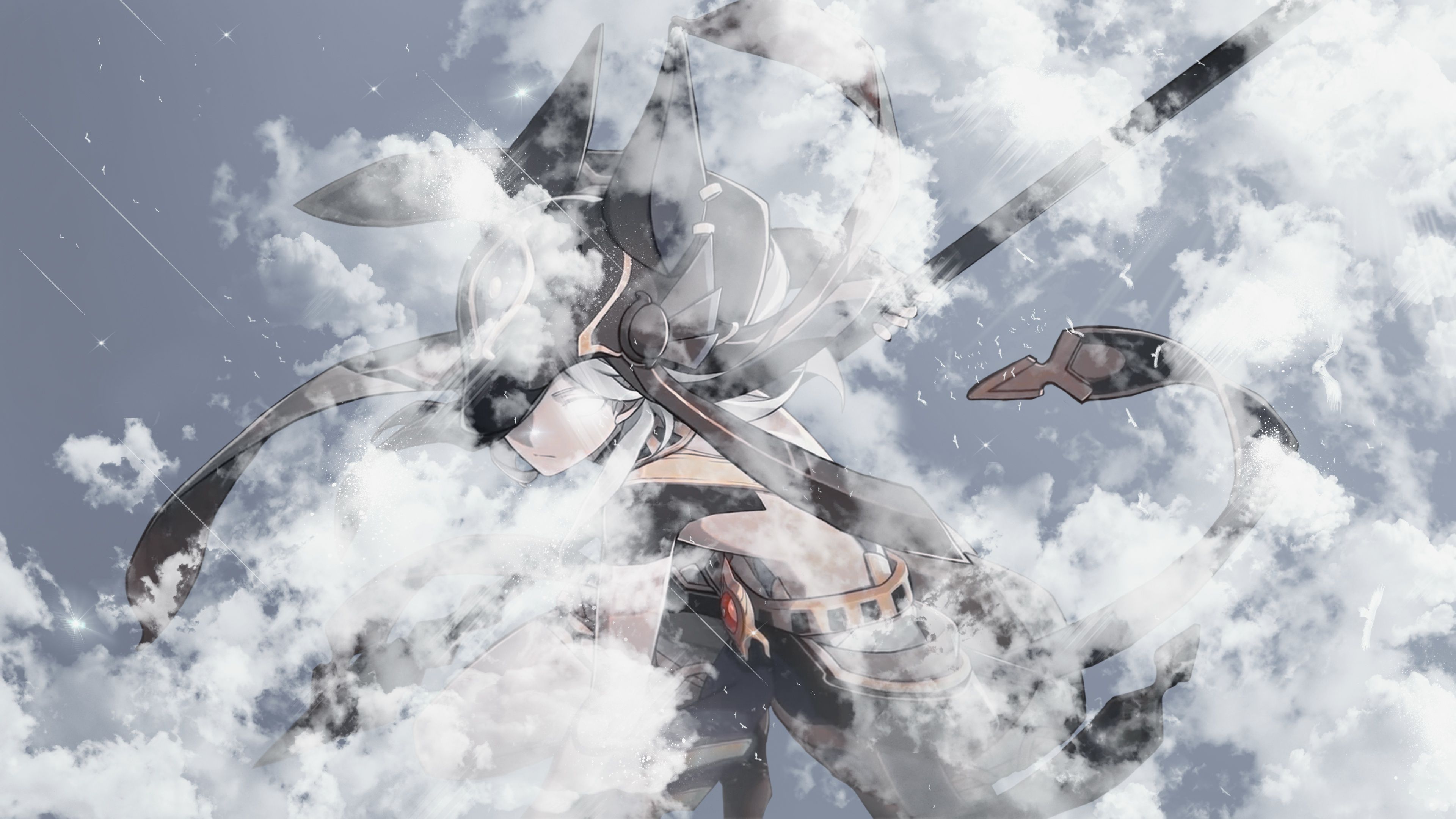 3840x2160 Wallpaper clouds, bird, guy, Genshin Impact, Cyno for mobile and desktop, section игры, resolution 3840x2160