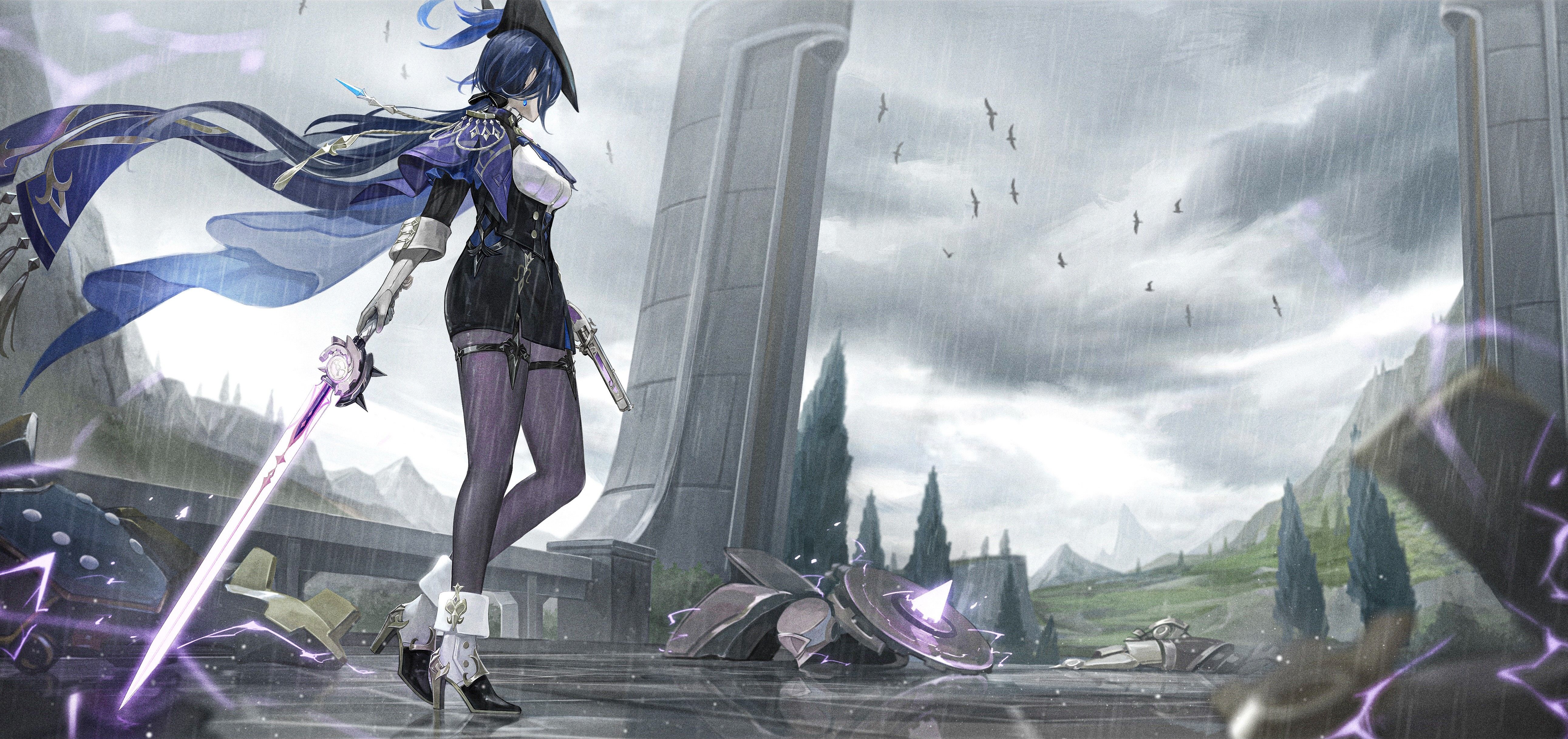 5165x2435 Clorinde Strikes: Stunning 4K Genshin Impact Girl Wallpaper by アナ