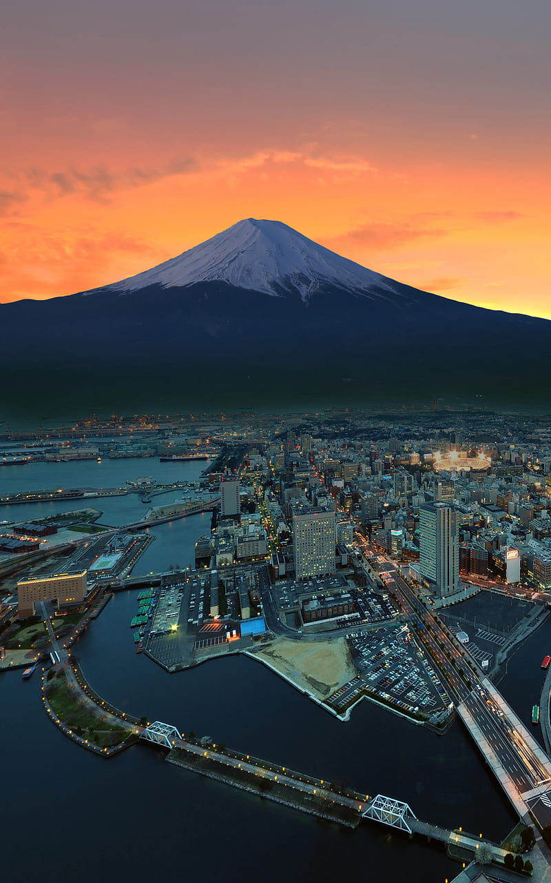 800x1280 Mount Fuji, sunset, japan, city, mountains, snowy peak, portrait display, HD phone wallpaper