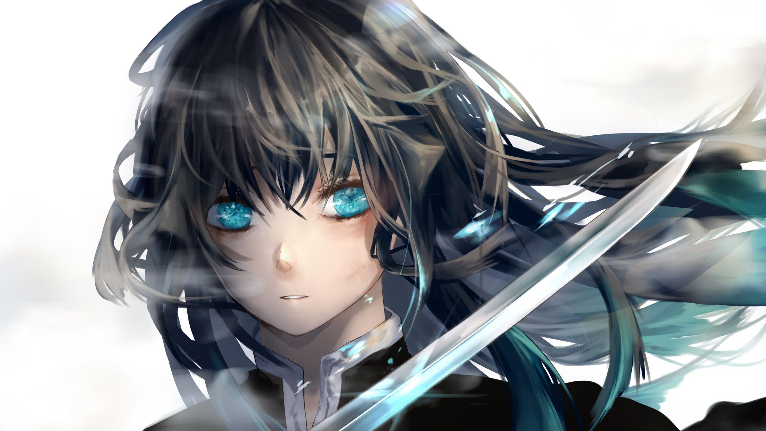 2560x1440 Demon Slayer Blue Eyes Mitsuri Kanroji With Sword With White Background 4K HD Anime Wallpaper