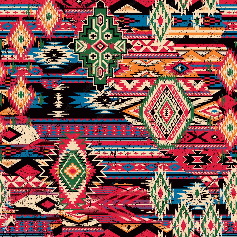 1000x1000 Native American traditional fabric patchwork grunge wallpaper abstract vector seamless pattern Stock Vector