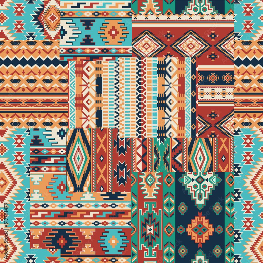 1000x1000 Native American traditional fabric patchwork wallpaper abstract vector seamless pattern Stock Vector