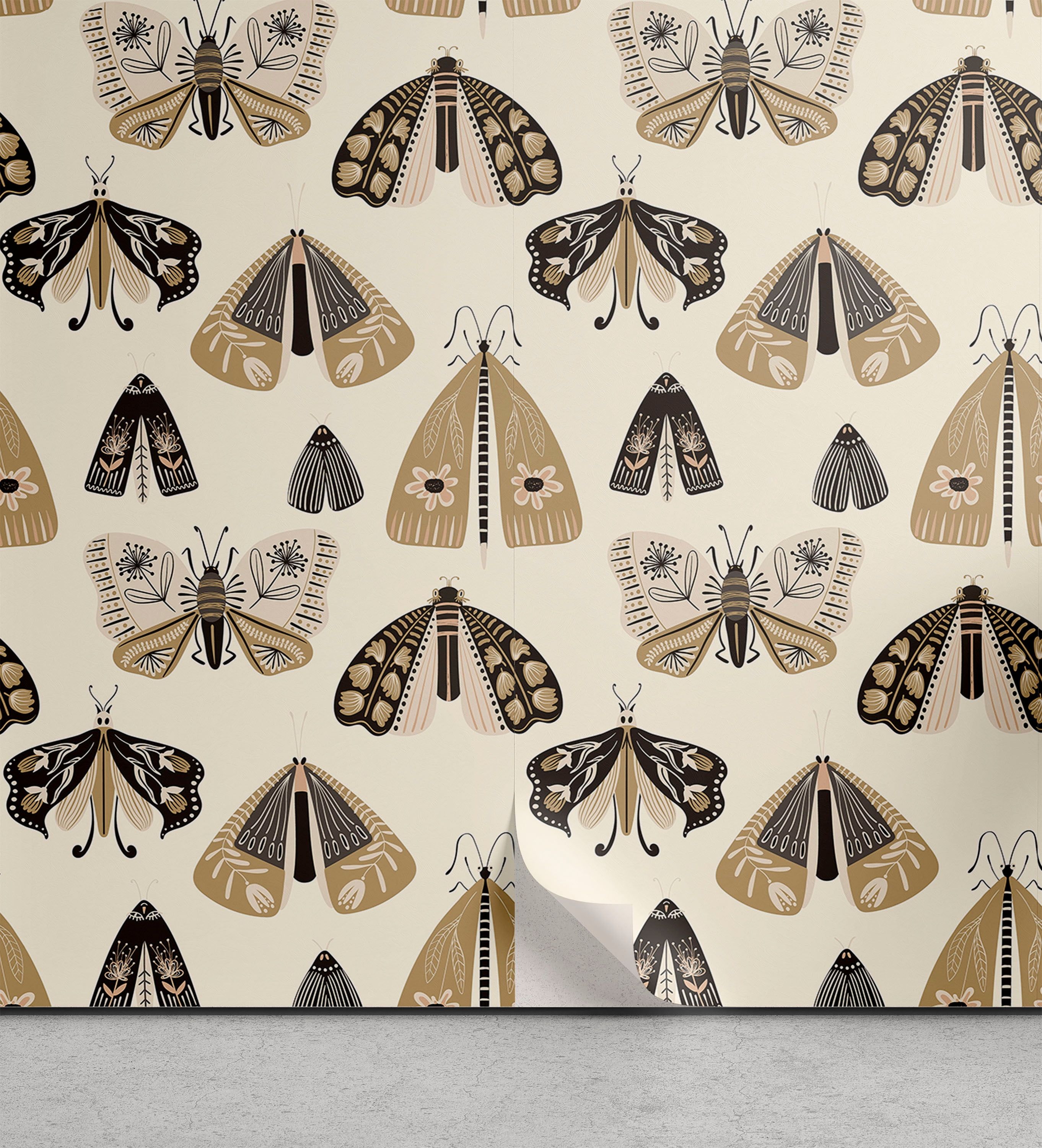 2724x3000 Ambesonne American Traditional Peel & Stick Wallpaper for Home, Oldschool Moth, 13x Camel Cream Charcoal Grey