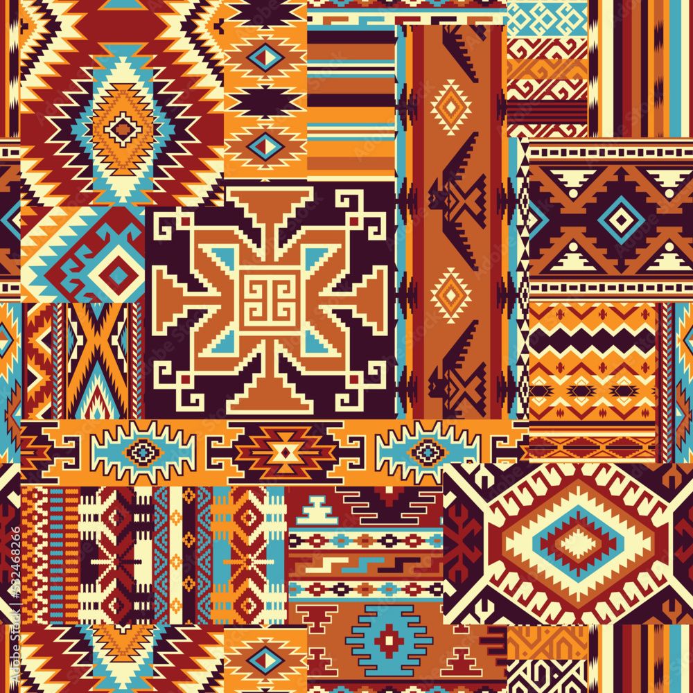 1000x1000 Native American traditional fabric patchwork wallpaper vintage abstract vector seamless pattern Stock Vector