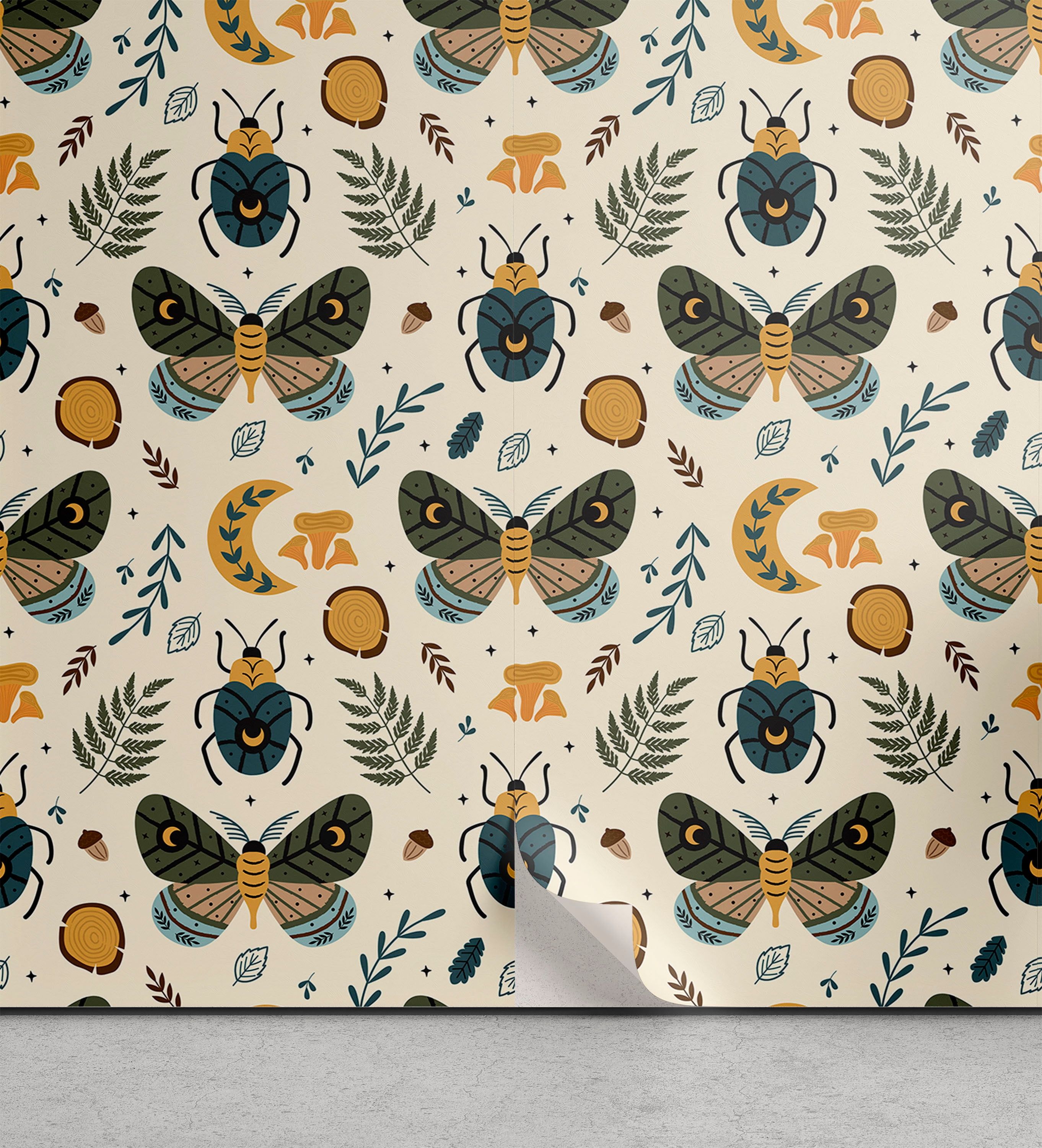 2724x3000 Ambesonne American Traditional Peel & Stick Wallpaper for Home, Moths Leaves, 13x Army Green Earth Yellow