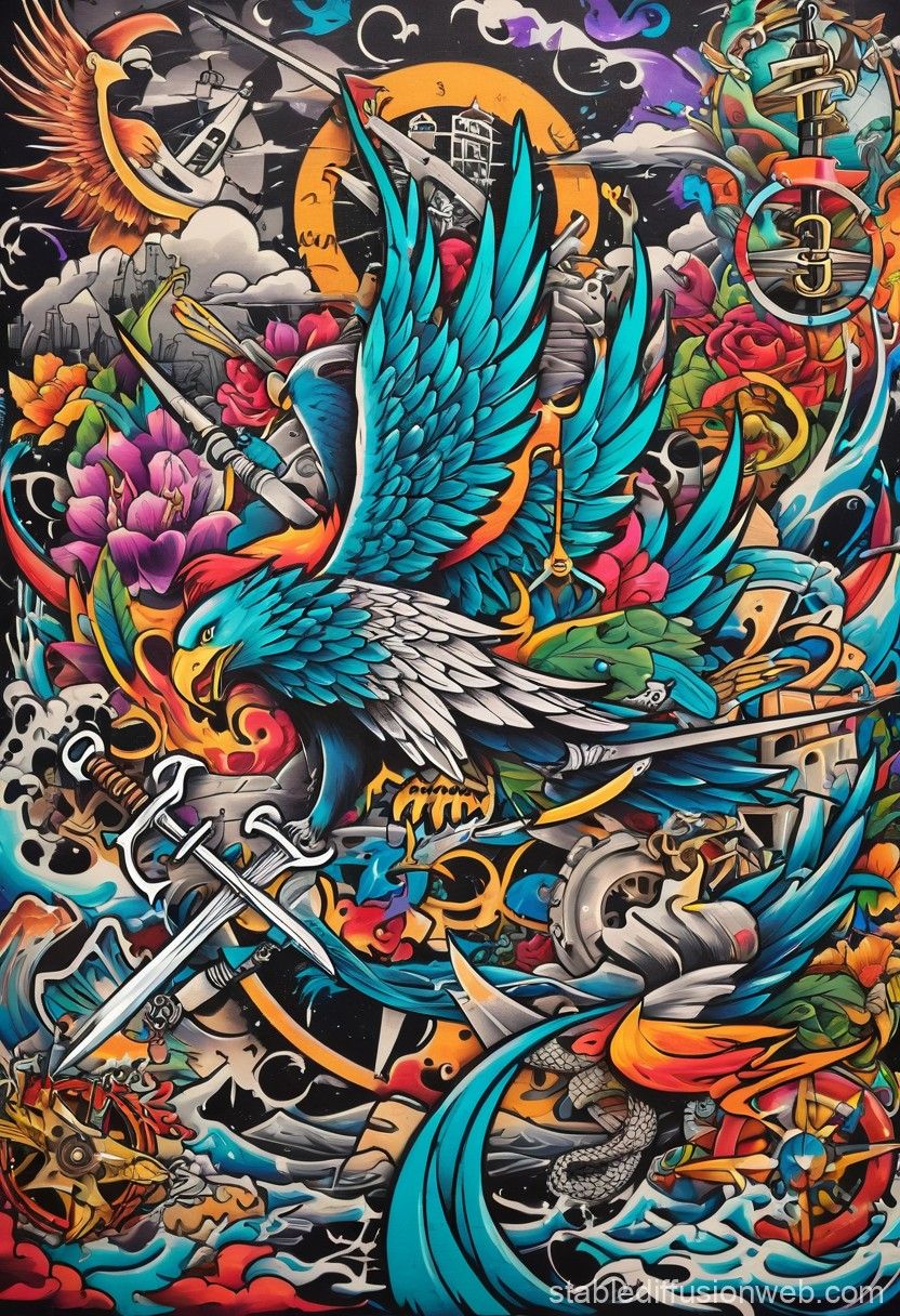 832x1216 Vibrant American Traditional Tattoo Collage. Stable Diffusion Online