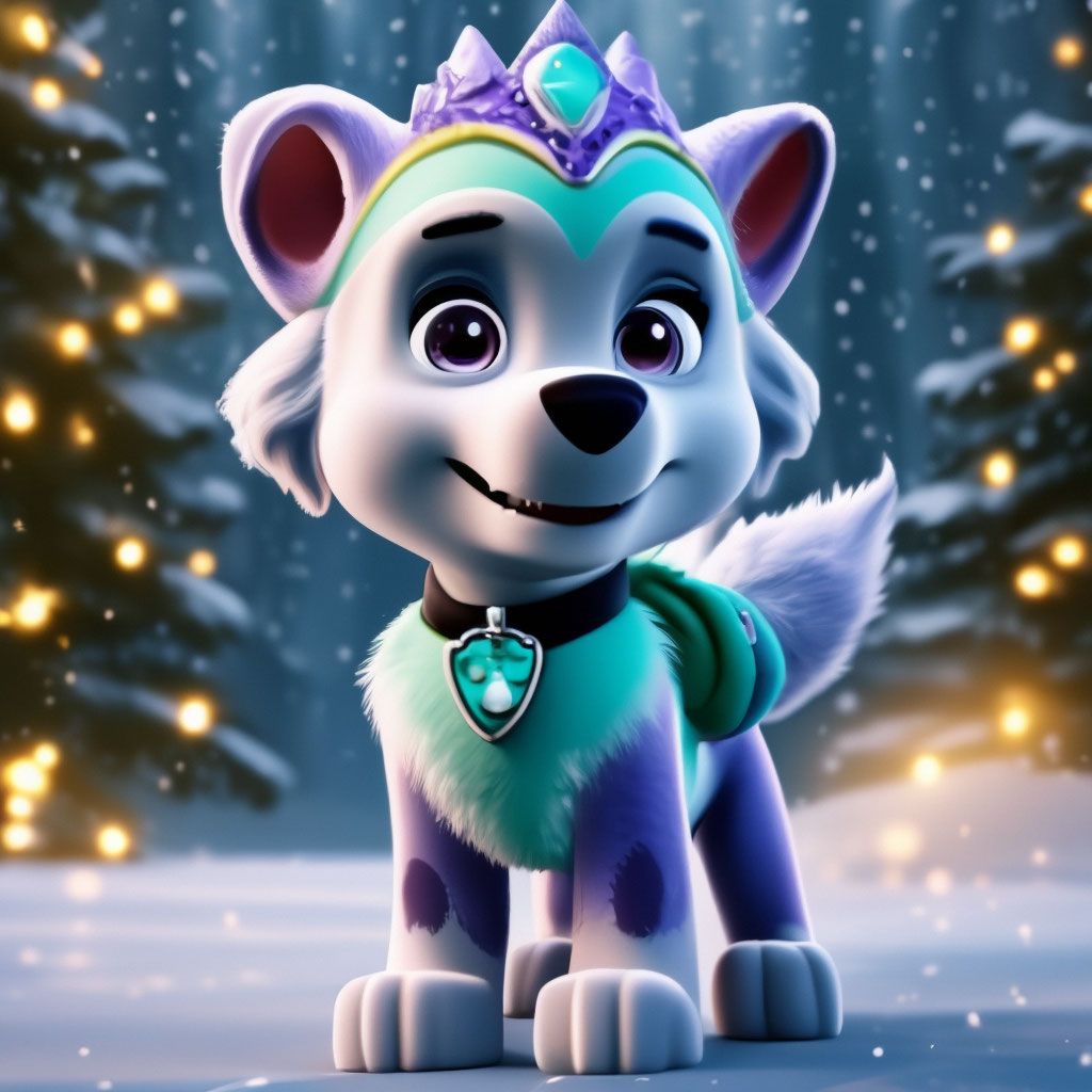 1024x1024 Everest From Paw Patrol As Fairy, Wearing White Purple, Comic Style, Jungle Snow Christmas Lights Background