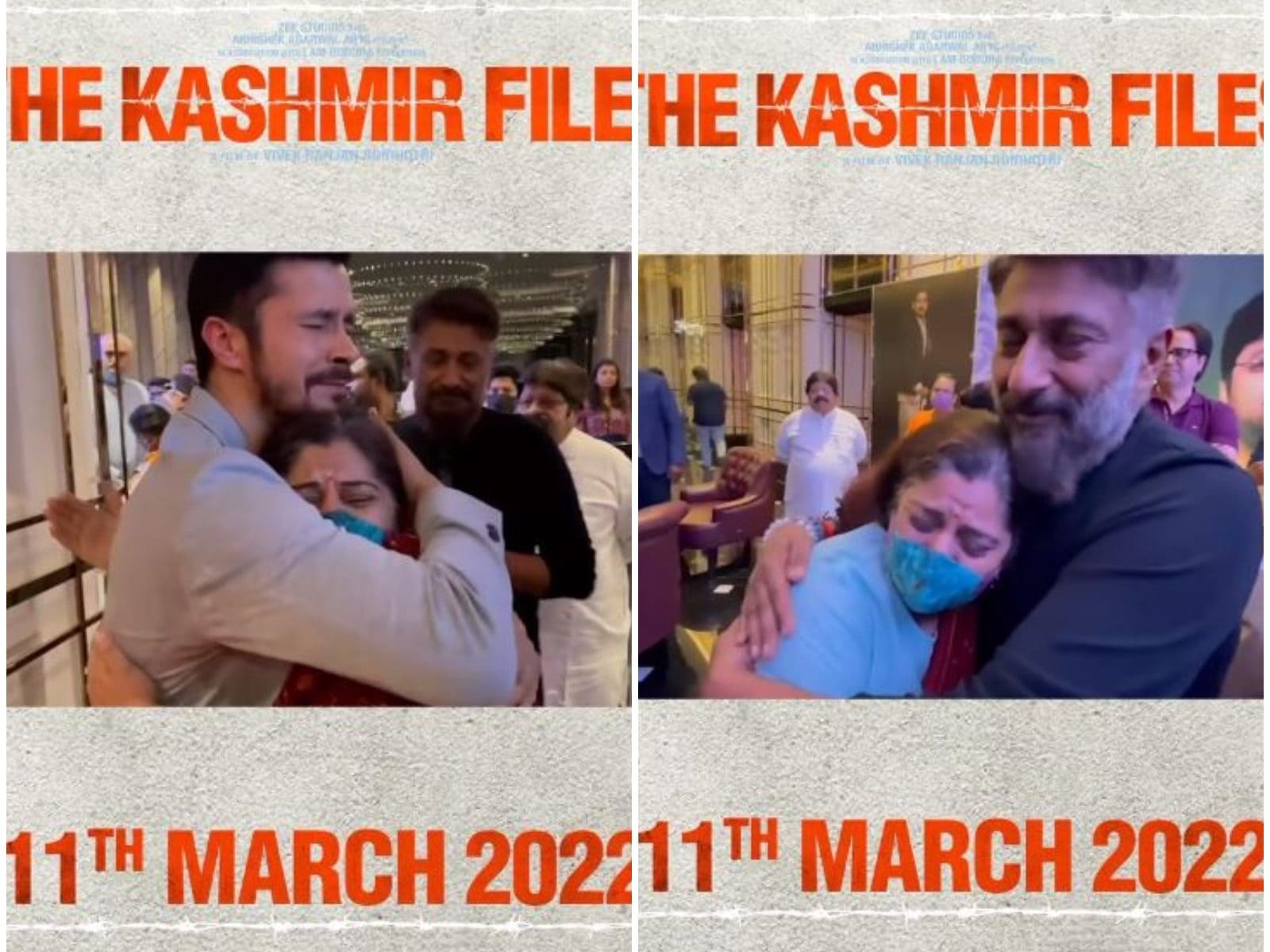 1600x1200 The Kashmir Files: Inconsolable Lady Touches Vivek Agnihotri's Feet, Hugs Darshan Kumar at Screening