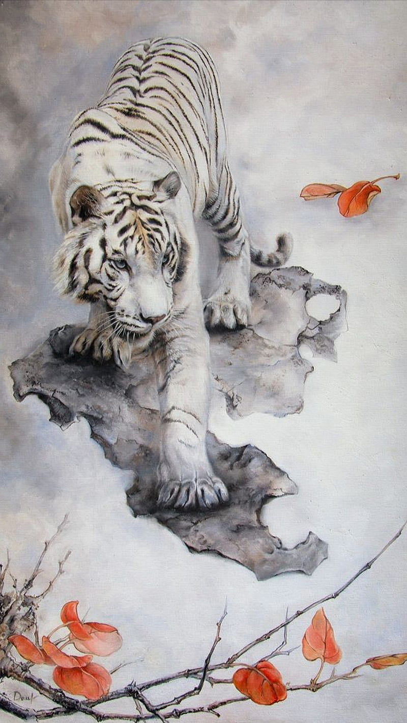 800x1422 Wgite tiger, animal, big, big cat, cat, drawings, tiger, white, white tiger, HD phone wallpaper