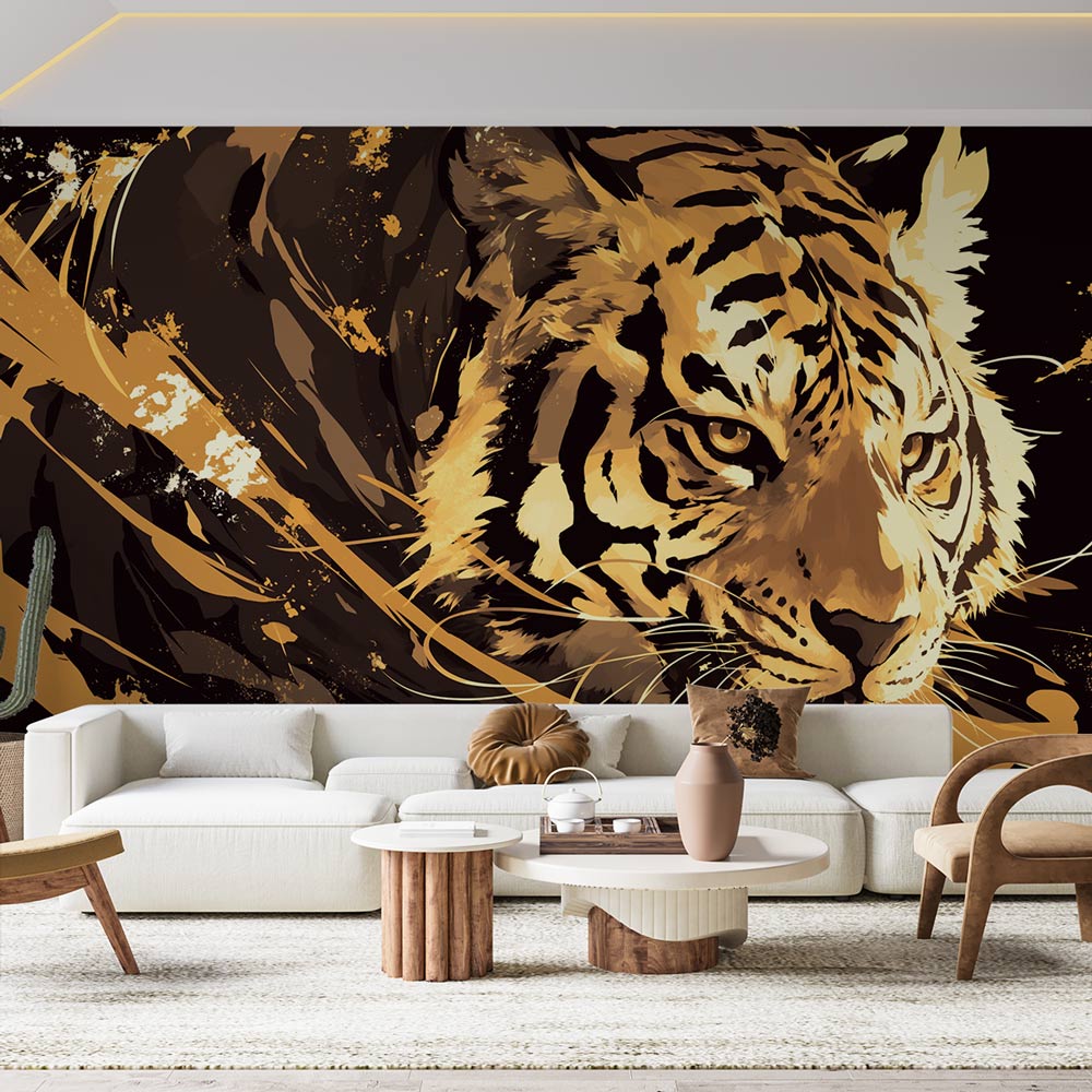 1000x1000 Tiger Mural Wallpaper. Design in Black and Gold
