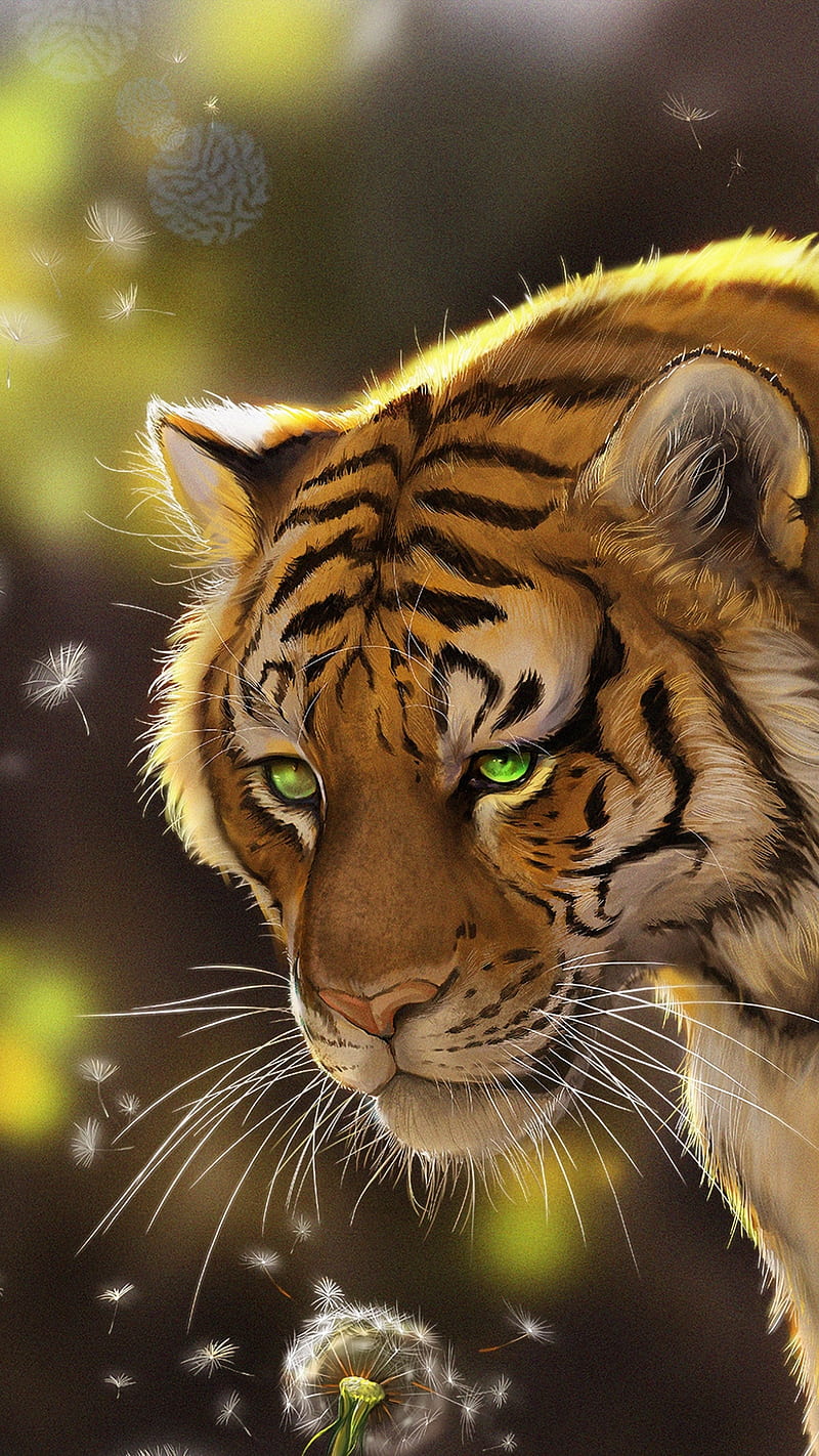 800x1422 Tiger, animal, dandelion, drawings, face, flower, green eyes, wild, HD phone wallpaper