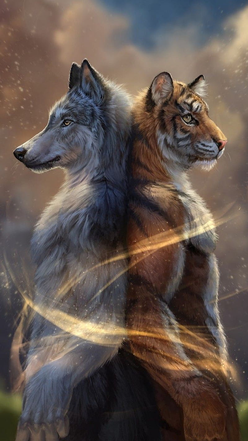 800x1422 Together stronger, animals, big cat, drawings tiger, wolf, wolves, HD phone wallpaper
