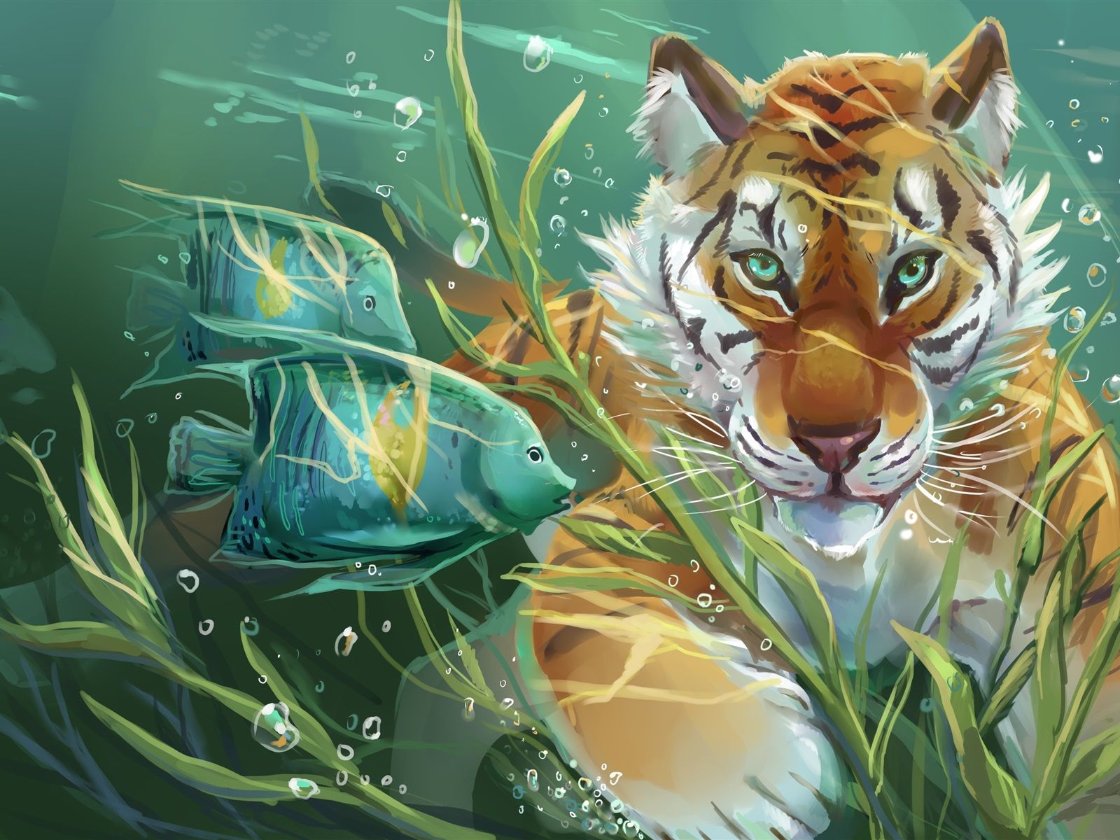 1600x1200 Art Drawing, Tiger And Fish 750x1334 IPhone 8 7 6 6S Wallpaper, Background, Picture, Image