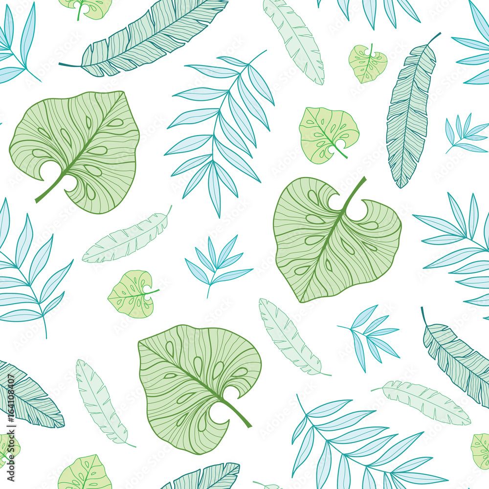 1000x1000 Image vectorielle Stock Vector pastel tropical drawing summer hawaiian seamless pattern with tropical green plants and leaves on navy blue background. Great for vacation themed fabric, wallpaper, packaging
