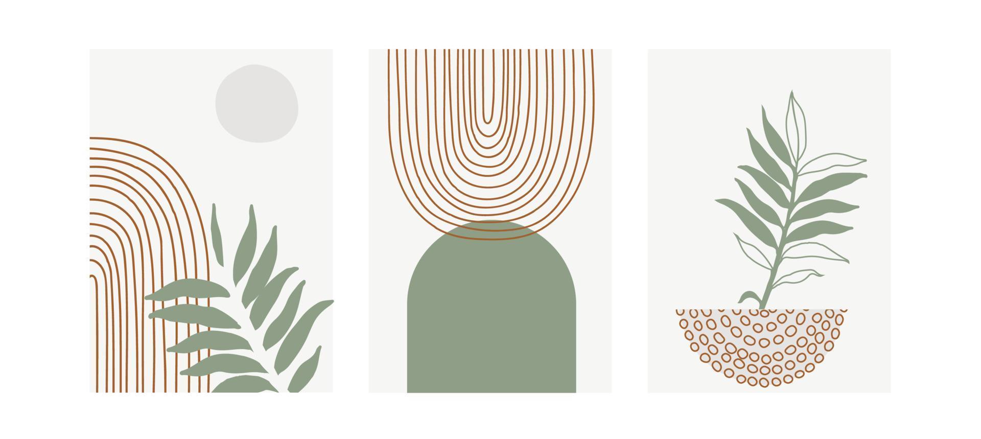 1920x859 Set of three pastel posters with foliage, rainbow and abstract shapes, vector illustration. Minimal Nordic leaves and plants art print. Abstraction design for background, wallpaper, card, wall art 6054579 Vector Art