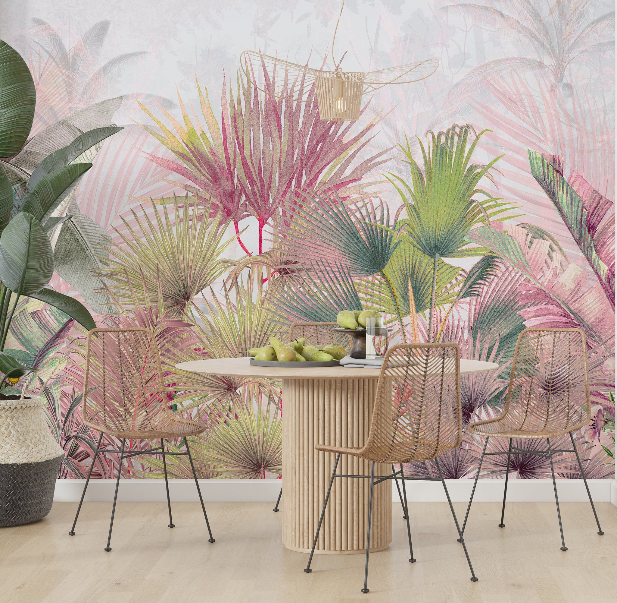 2049x2000 Colorful Pastel Tropical Leaves Wallpaper, Pastel Pink And Green Botanical Oasis Peel & Stick Wall Mural