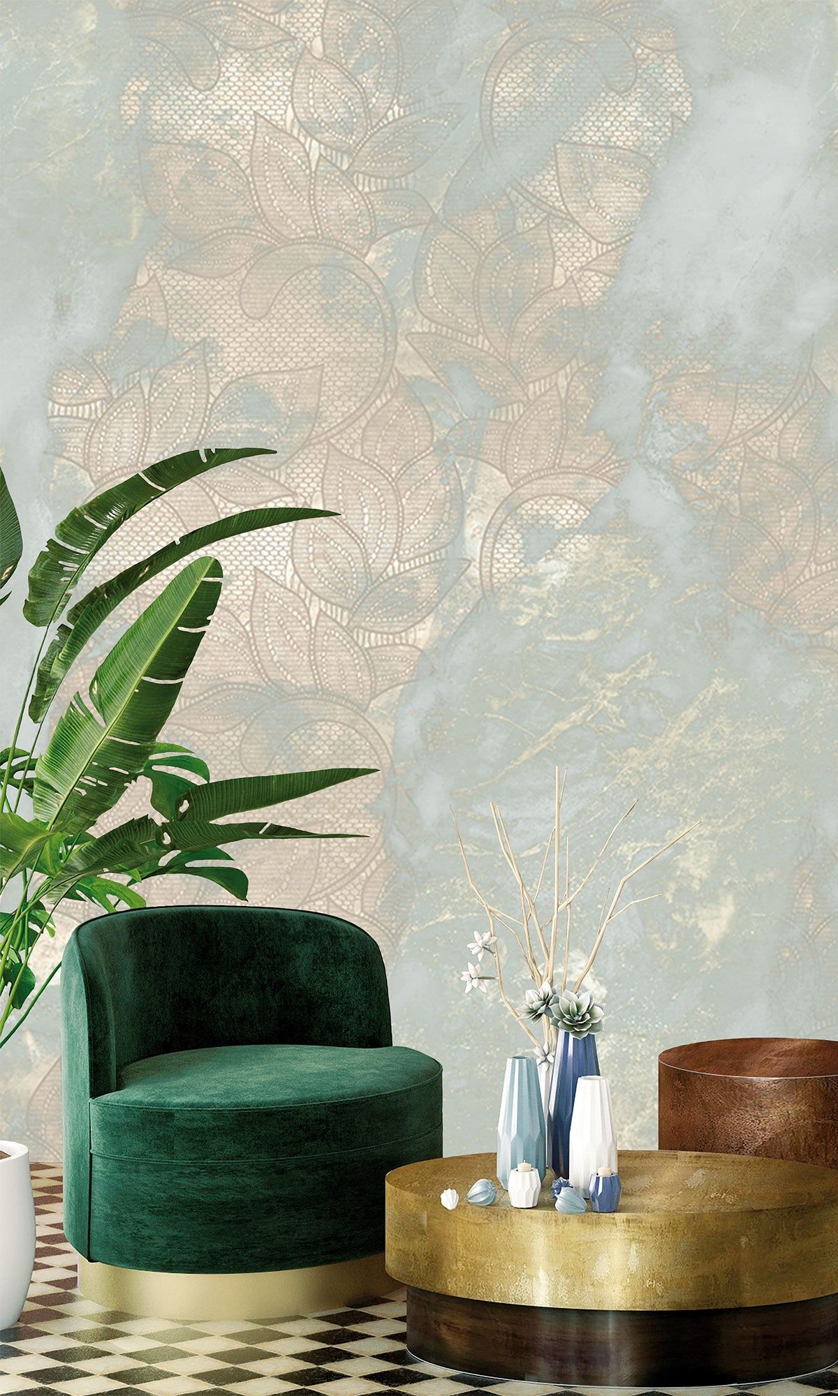 1200x2000 Pastel Aqua Marbled Floral Abstract Mural Wallpaper M2625