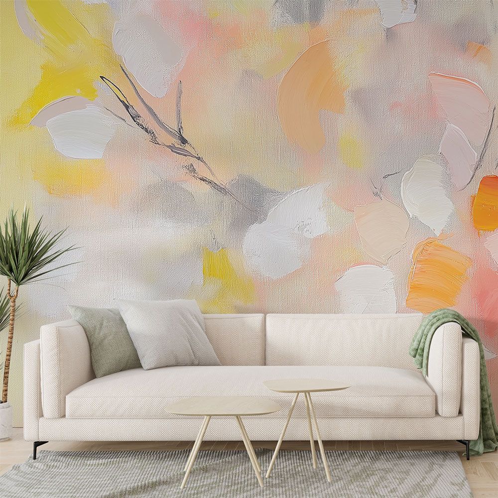 1000x1000 Pastel floral mural wallpaper. Soft abstract leaves on a bright backg