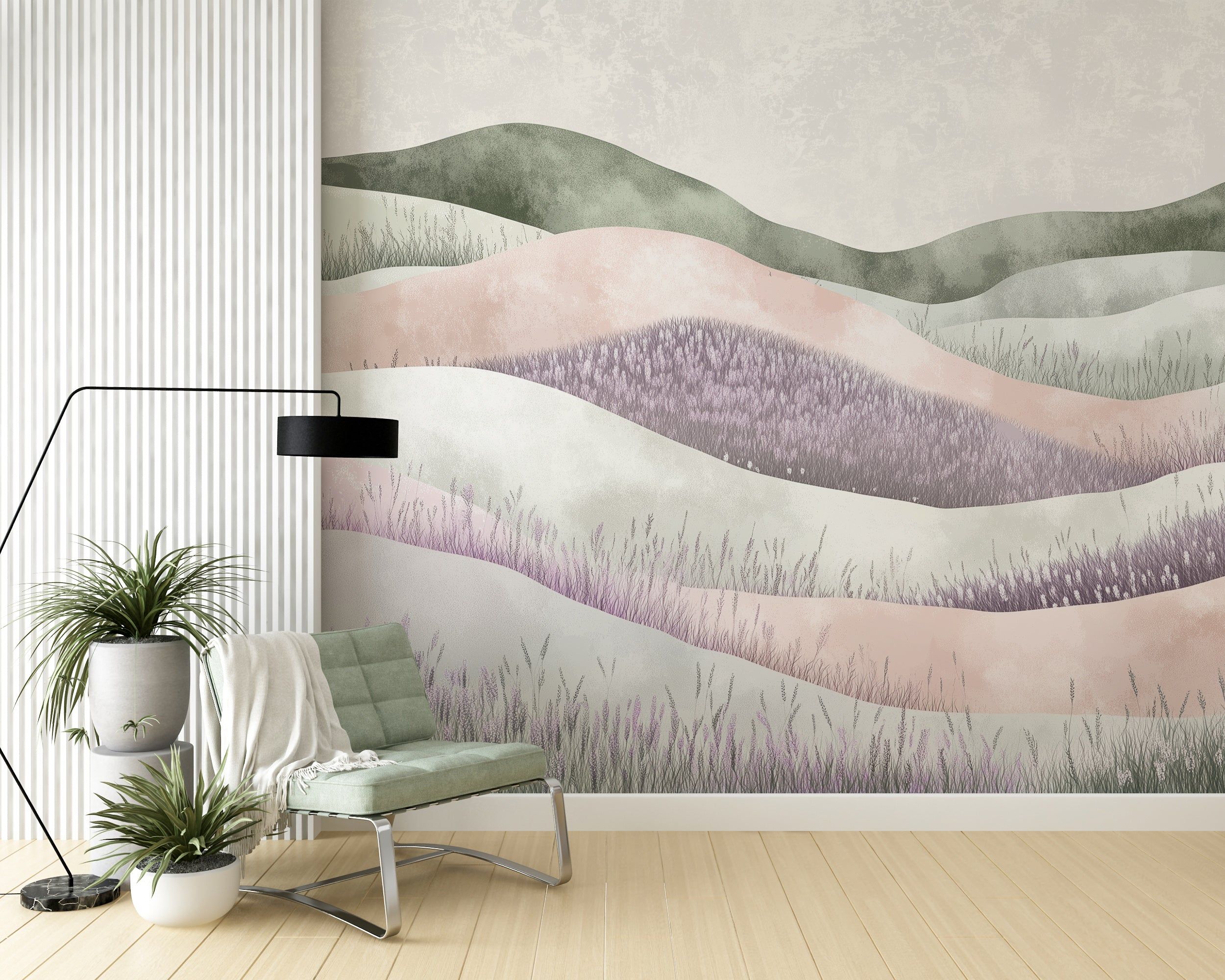 2500x2000 Pastel Colors Lavender Field Mural, Soft Watercolor Flower Meadow Wallpaper, Nursery Peel and Stick Nature Wall Art