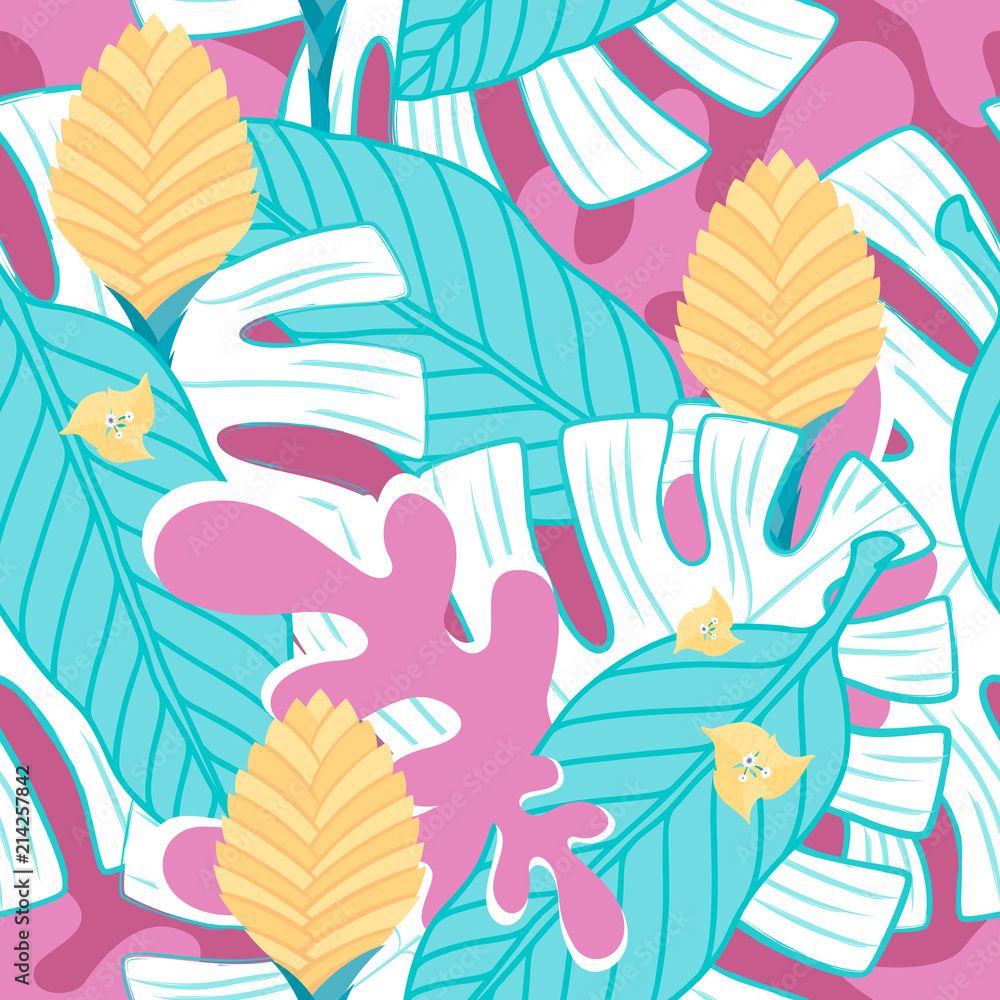 1000x1000 Color graphic seamless pattern from southern tropical plants, leaves and cute flowers for decor, fabrics, wallpaper and design. Trend pastel and neon vector flat illustration, isolated on background. Stock Vector