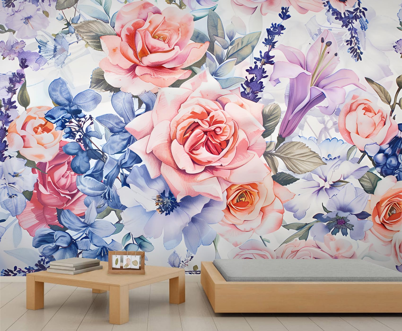 1700x1400 KIRESEI Pastel Floral Wall Mural, Colourful Flowers Bar Wallpaper, Spring Plants 3D Waterproof Accent Wallpaper For Coffee Shop Restaurant Lounge Diner (Non Self Adhesive)