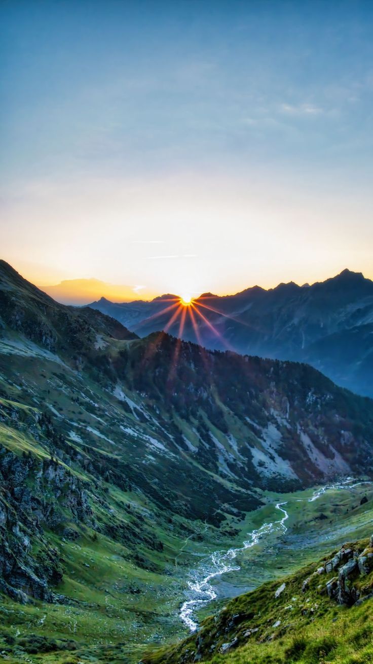 736x1308 Wallpaper mountains, rocks, slope, rays, sky, sunrise, nature, AI 4K by Hauke Musicaloris. Download wallpaper mountains, rocks, slope, rays, sky, sunrise, nature for free