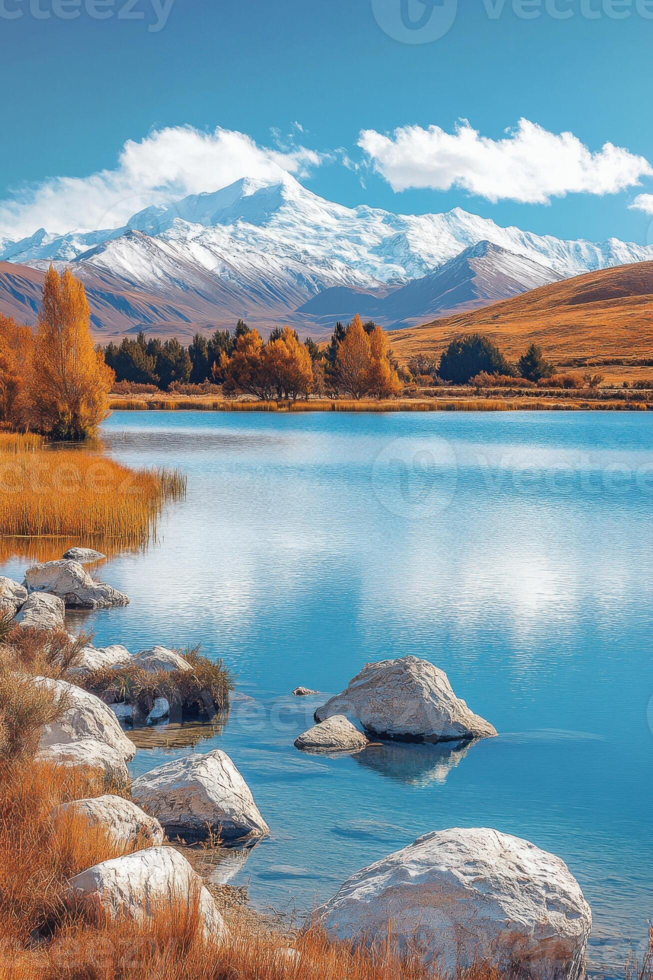 1307x1960 Mountain lake view. Blue water with rocks in foreground. Autumn colors with snow covered mountain. Peaceful lake under bright sky
