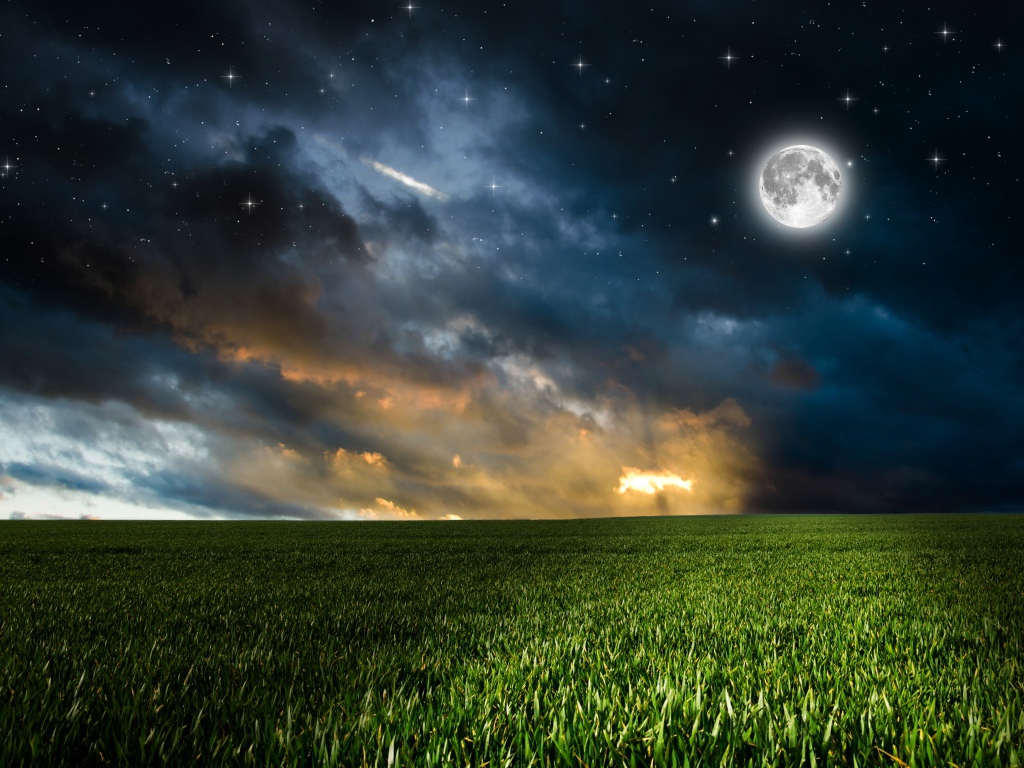 1024x768 Green field under a beautiful sky with a bright moon at night Desktop wallpaper 1024x768
