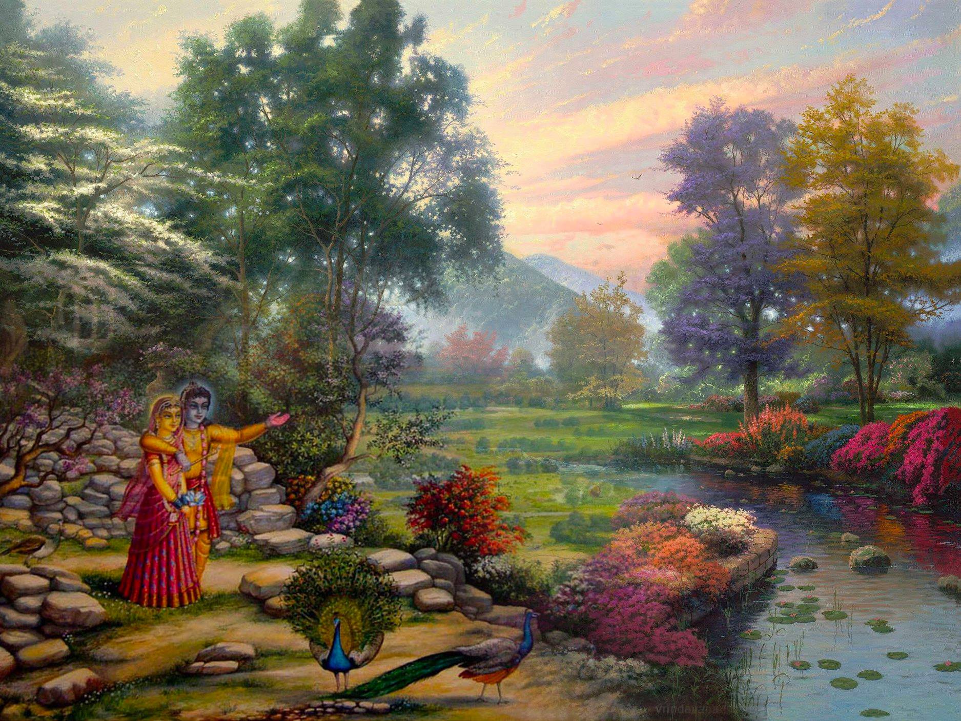1875x1407 Checkout wallpaper depicting Shri Radha Krishn standing on the bank of Yamuna. Braj Ras desktop retouched