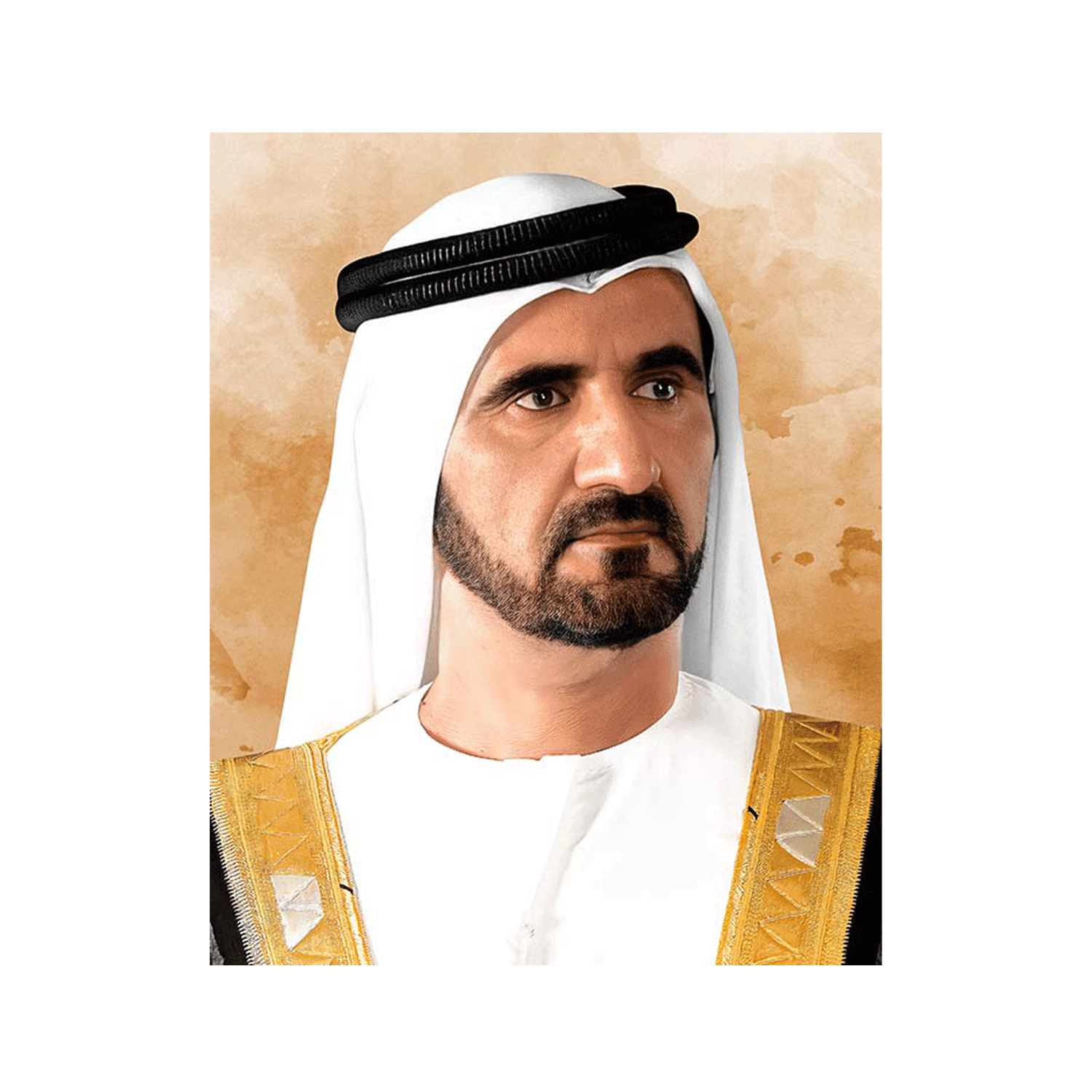 1500x1500 Official Portrait of His Highness Sheikh Mohammed bin Rashid Al Maktoum with brown watercolor background