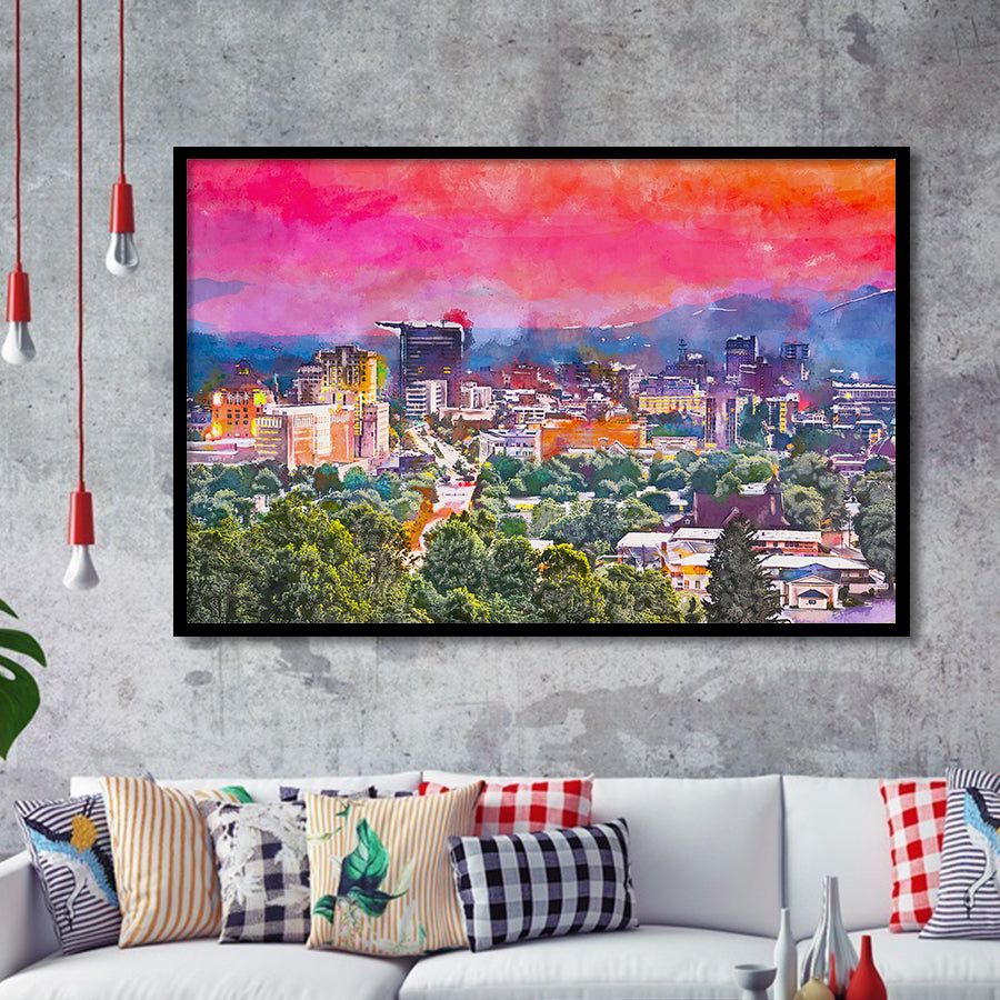 900x900 Asheville North Carolina Usa Twilight City Art Watercolor Framed Art P
