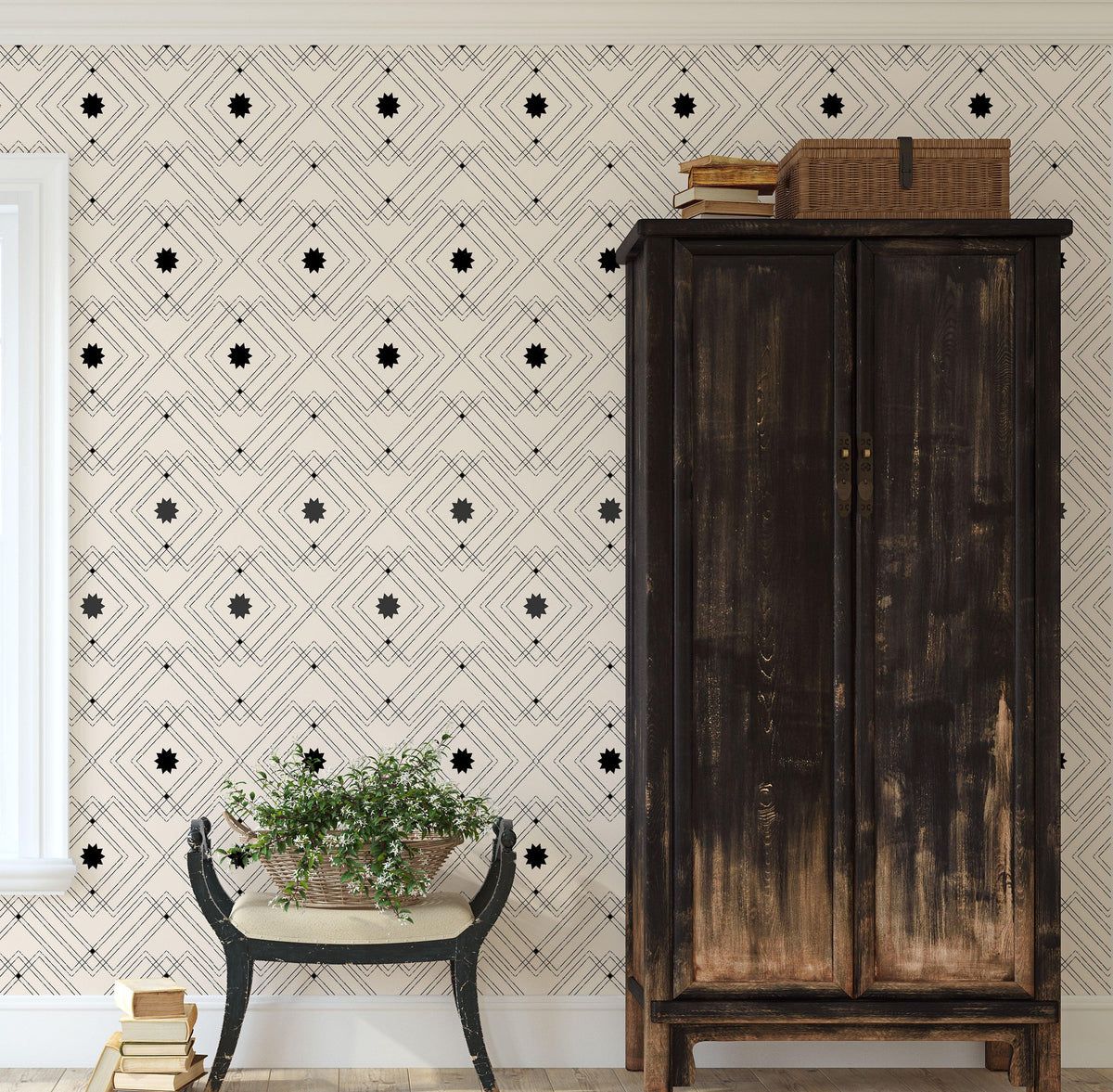1200x1177 Geometric Rustic Western & Art Deco Peel & Stick Wallpaper: Black on Cream