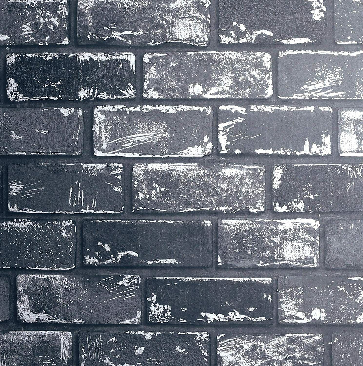 1489x1500 Arthouse Metallic Brick Wall Realistic 3D Rustic Wallpaper Black Silver 692202
