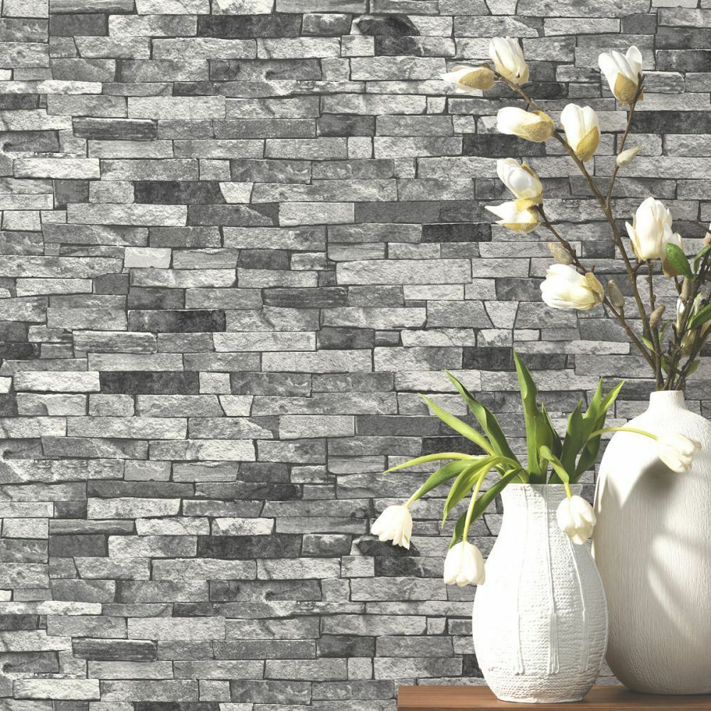 1000x1000 Charcoal Grey Black Textured Brick Effect Wallpaper Realistic Shading Wallpaper