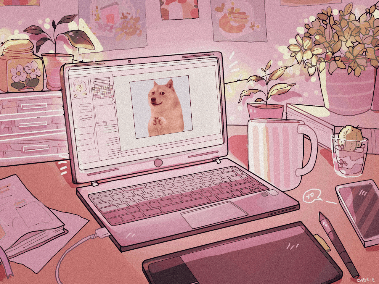1280x960 Pink laptop wallpaper edit with a cute blushing doge