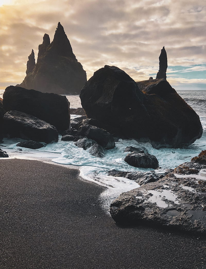 800x1044 Black Sand Beach, nature, beach, sunset, scenery, waves, black, HD phone wallpaper